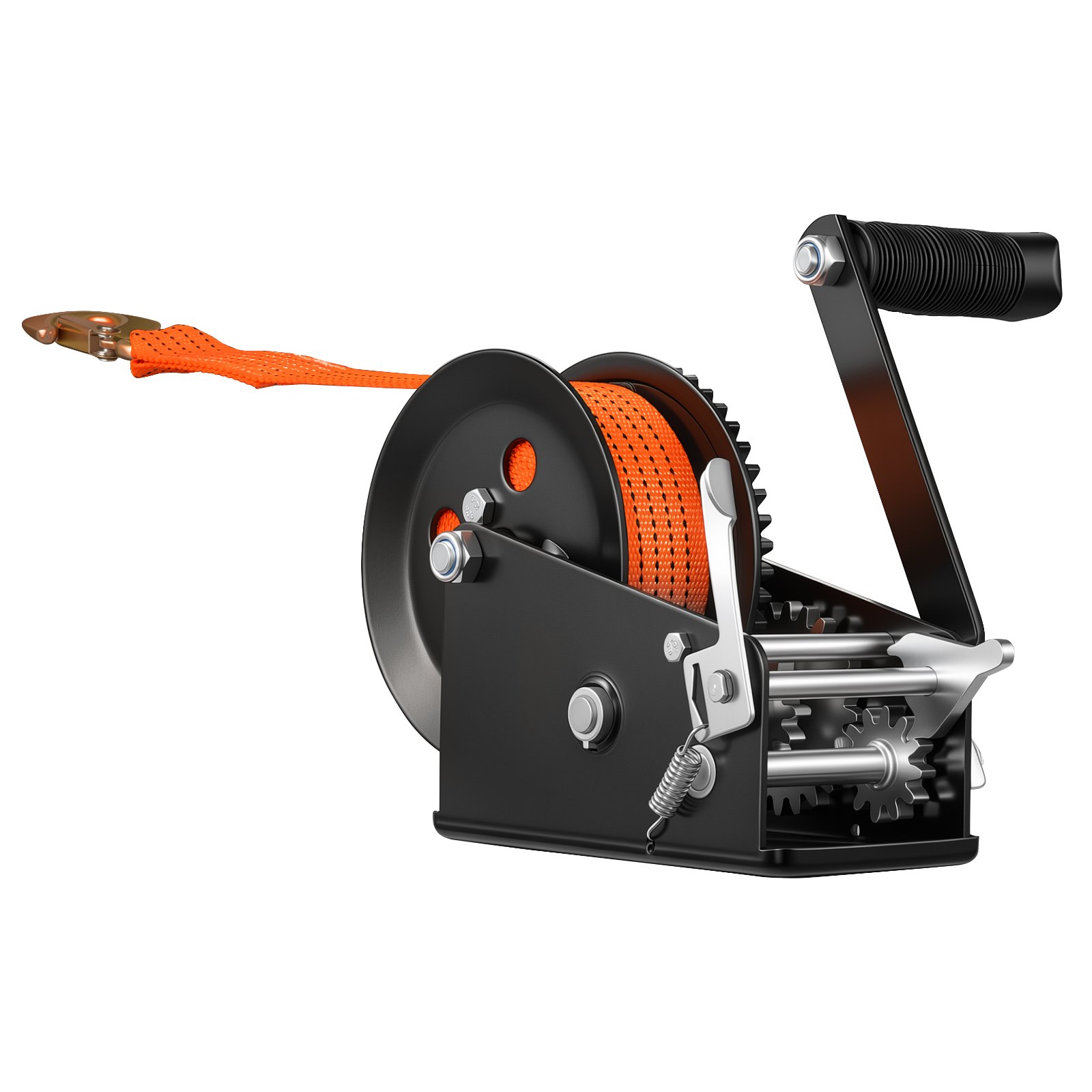 VEVOR Boat Winch, 1588 kg Hand Winch, Heavy Duty Manual Rope Crank with 6.1m Orange Polyester Strap, Portable Two-Way Ratchet, 2 Speed Switchable, Anti-Slip Handle Gear for Boat Trailer ATV Towing