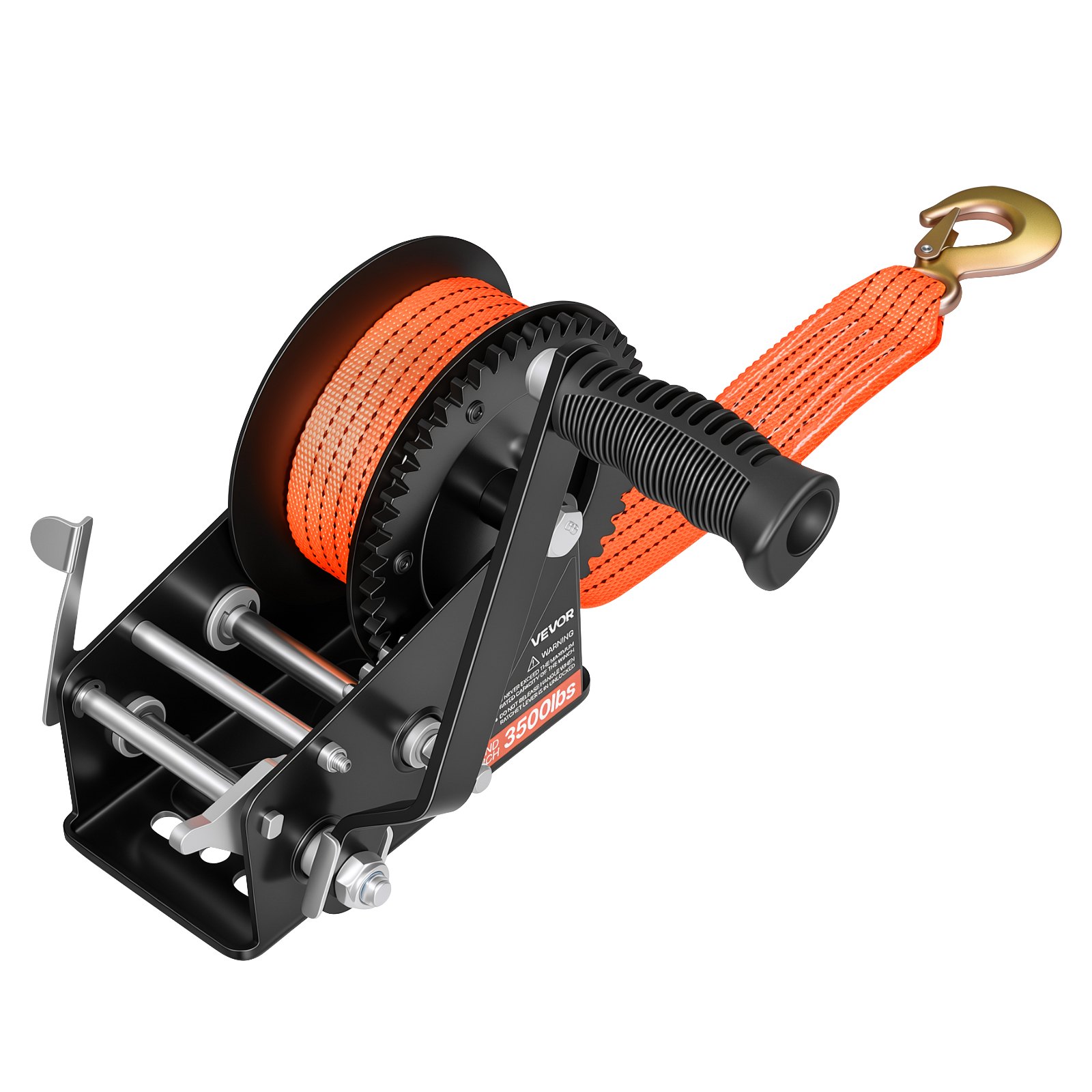 VEVOR Boat Winch, 1588 kg Hand Winch, Heavy Duty Manual Rope Crank with 6.1m Orange Polyester Strap, Portable Two-Way Ratchet, 2 Speed Switchable, Anti-Slip Handle Gear for Boat Trailer ATV Towing