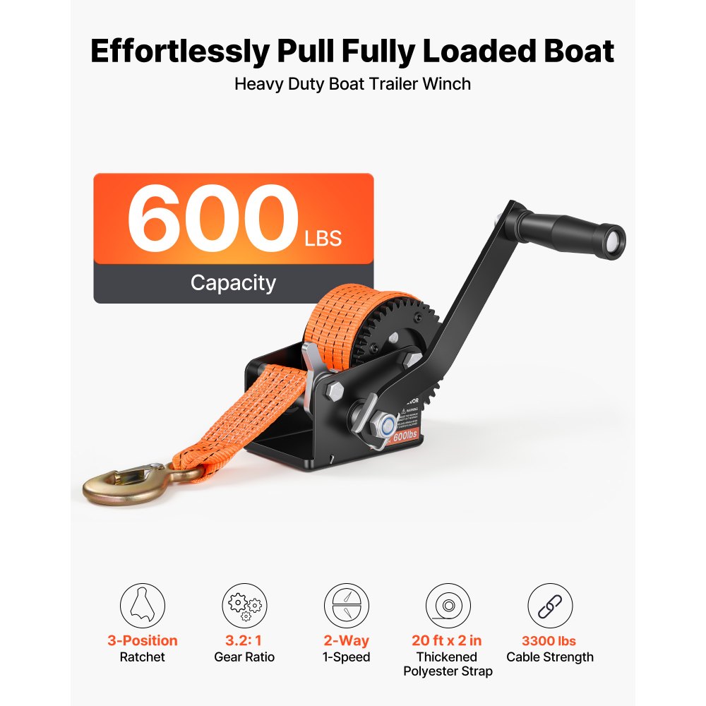 VEVOR Boat Winch, 272 kg Hand Winch, Heavy Duty Manual Rope Crank with 6.1m Orange Polyester Strap, Portable Two-Way Ratchet, Anti-Slip Handle Gear for Boat Trailer ATV Towing