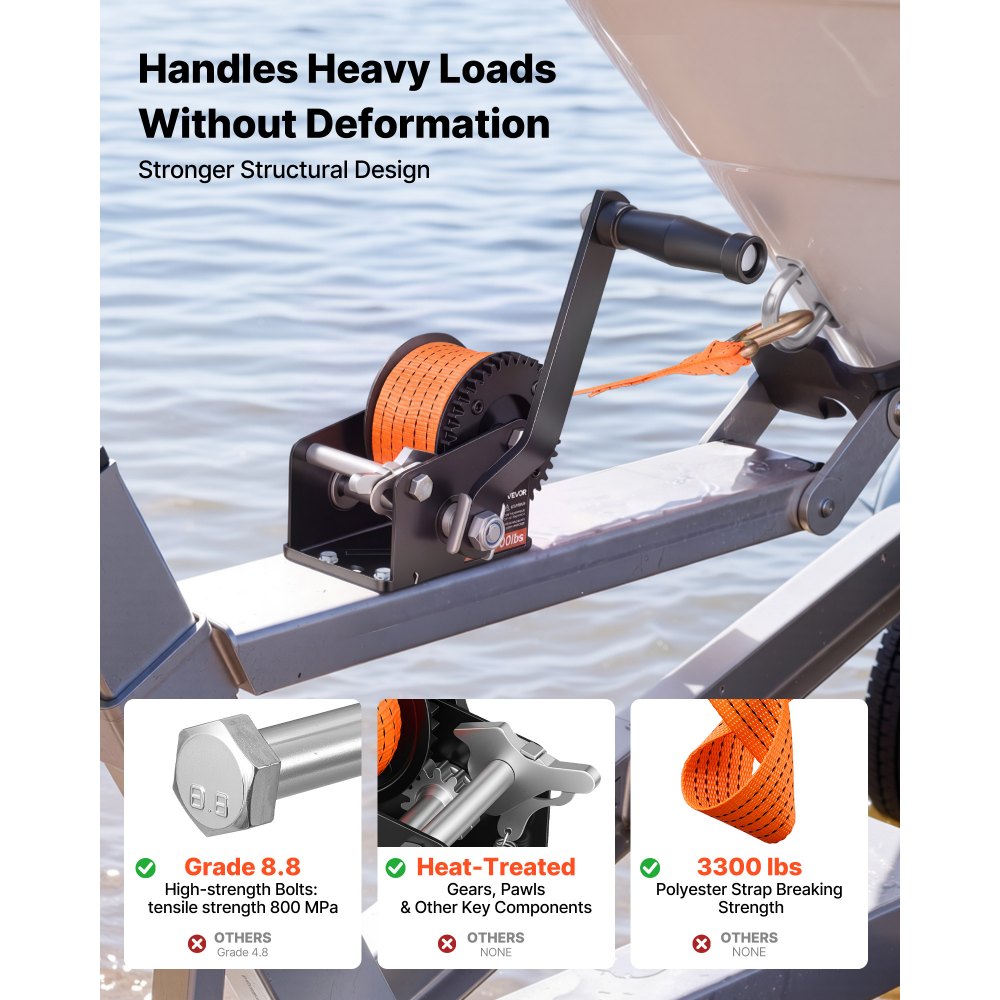 VEVOR Boat Winch, 272 kg Hand Winch, Heavy Duty Manual Rope Crank with 6.1m Orange Polyester Strap, Portable Two-Way Ratchet, Anti-Slip Handle Gear for Boat Trailer ATV Towing