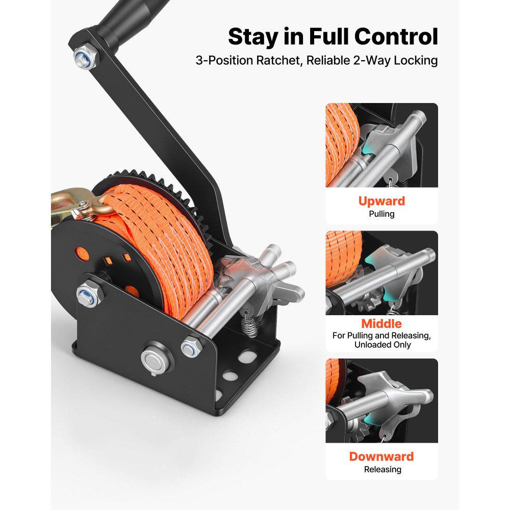 VEVOR Boat Winch, 272 kg Hand Winch, Heavy Duty Manual Rope Crank with 6.1m Orange Polyester Strap, Portable Two-Way Ratchet, Anti-Slip Handle Gear for Boat Trailer ATV Towing