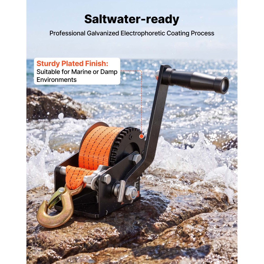 VEVOR Boat Winch, 272 kg Hand Winch, Heavy Duty Manual Rope Crank with 6.1m Orange Polyester Strap, Portable Two-Way Ratchet, Anti-Slip Handle Gear for Boat Trailer ATV Towing