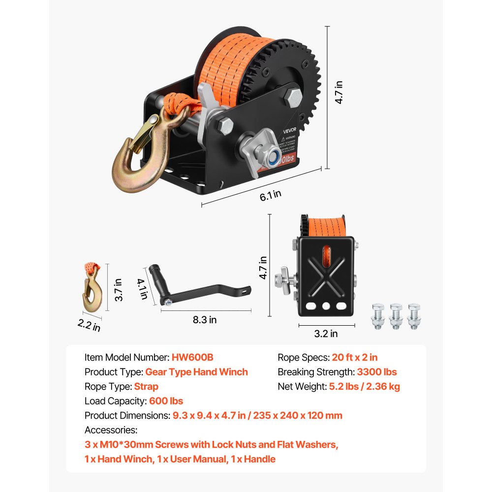 VEVOR Boat Winch, 272 kg Hand Winch, Heavy Duty Manual Rope Crank with 6.1m Orange Polyester Strap, Portable Two-Way Ratchet, Anti-Slip Handle Gear for Boat Trailer ATV Towing