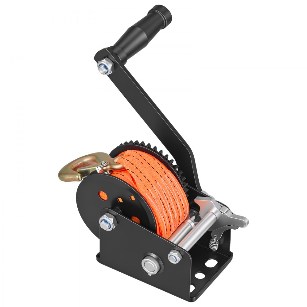 VEVOR Boat Winch, 272 kg Hand Winch, Heavy Duty Manual Rope Crank with 6.1m Orange Polyester Strap, Portable Two-Way Ratchet, Anti-Slip Handle Gear for Boat Trailer ATV Towing