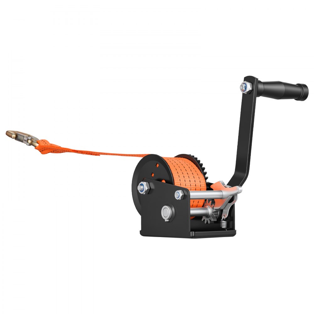VEVOR Boat Winch, 272 kg Hand Winch, Heavy Duty Manual Rope Crank with 6.1m Orange Polyester Strap, Portable Two-Way Ratchet, Anti-Slip Handle Gear for Boat Trailer ATV Towing