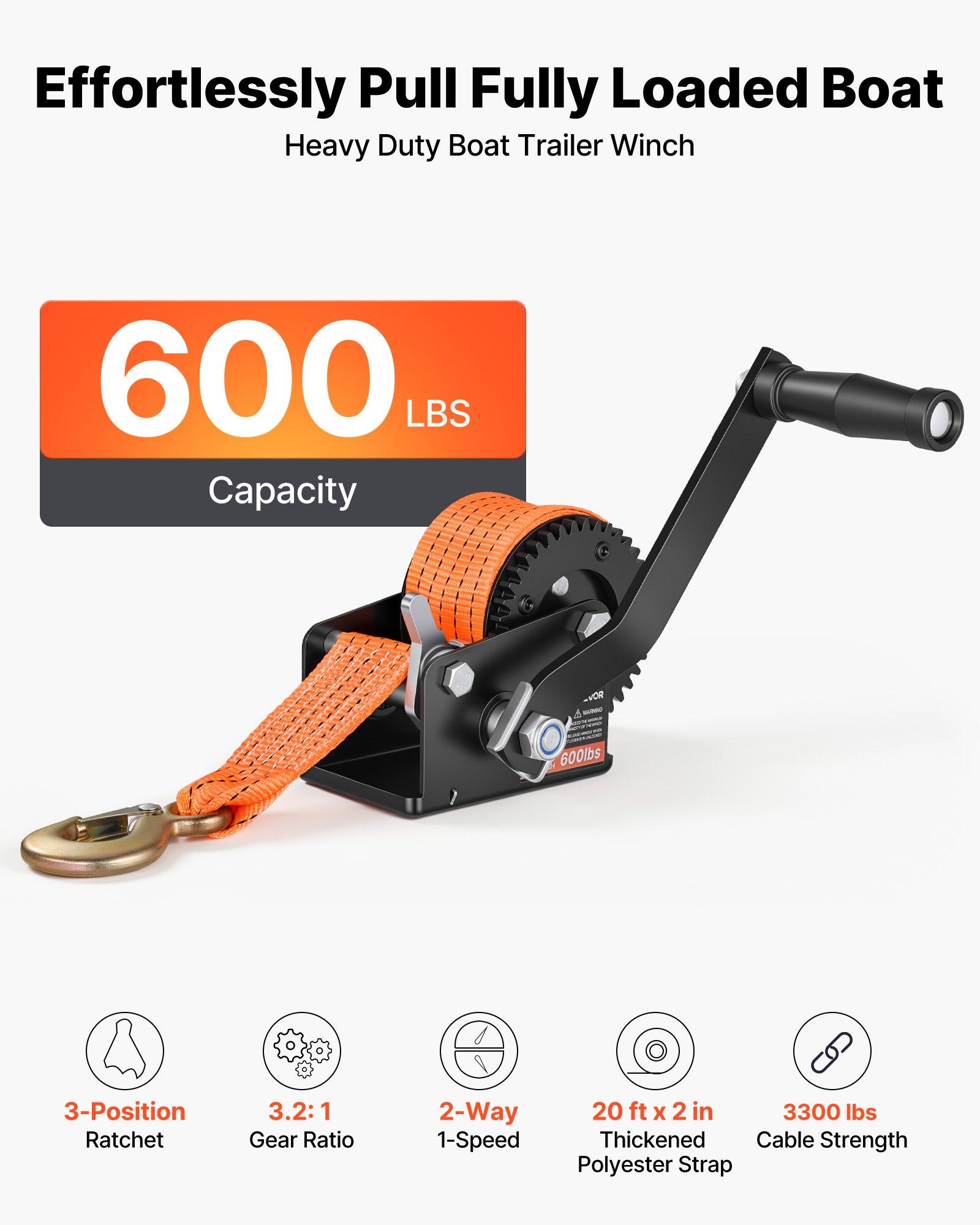 VEVOR Boat Winch, 272 kg Hand Winch, Heavy Duty Manual Rope Crank with 6.1m Orange Polyester Strap, Portable Two-Way Ratchet, Anti-Slip Handle Gear for Boat Trailer ATV Towing