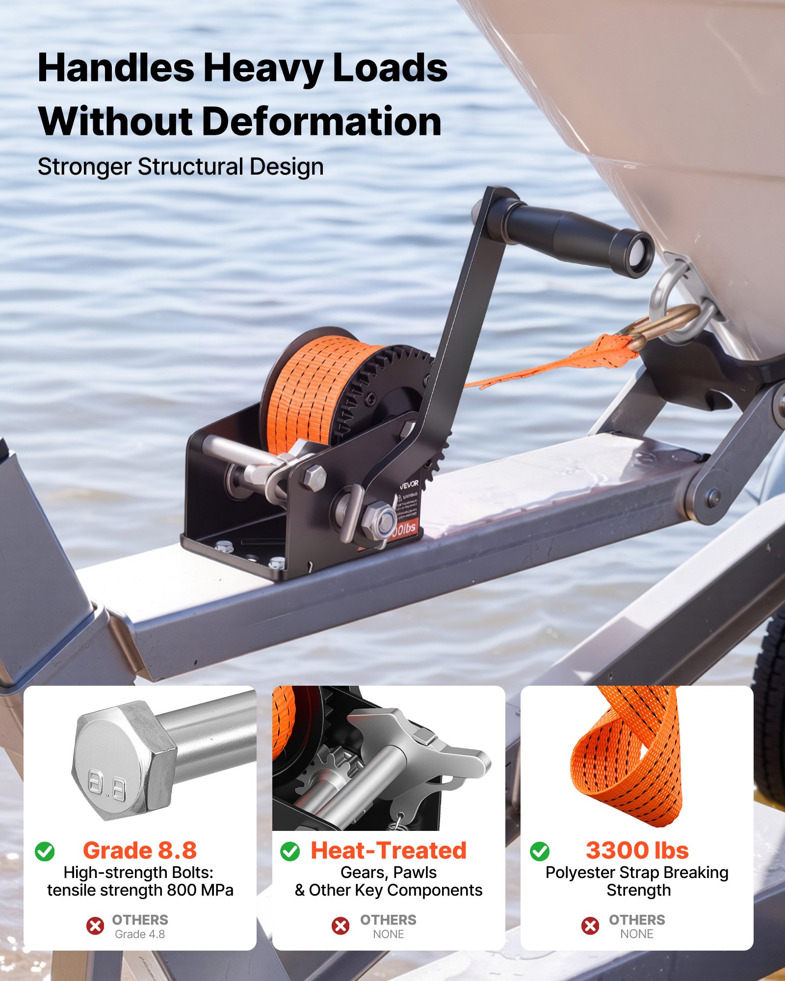 VEVOR Boat Winch, 272 kg Hand Winch, Heavy Duty Manual Rope Crank with 6.1m Orange Polyester Strap, Portable Two-Way Ratchet, Anti-Slip Handle Gear for Boat Trailer ATV Towing