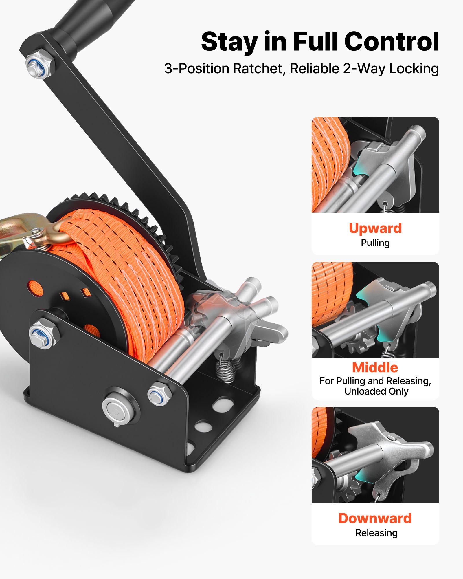VEVOR Boat Winch, 272 kg Hand Winch, Heavy Duty Manual Rope Crank with 6.1m Orange Polyester Strap, Portable Two-Way Ratchet, Anti-Slip Handle Gear for Boat Trailer ATV Towing