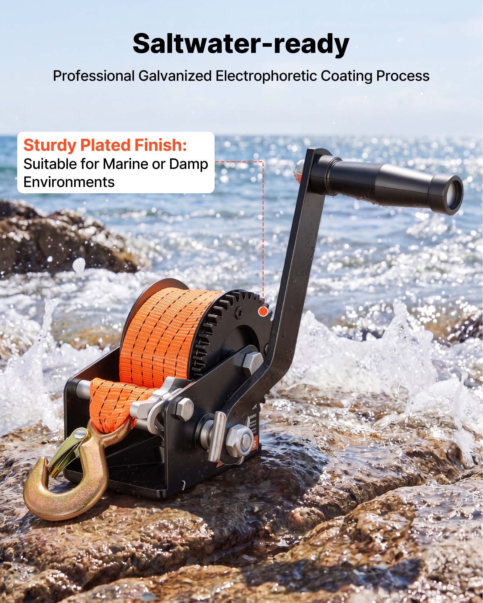 VEVOR Boat Winch, 272 kg Hand Winch, Heavy Duty Manual Rope Crank with 6.1m Orange Polyester Strap, Portable Two-Way Ratchet, Anti-Slip Handle Gear for Boat Trailer ATV Towing