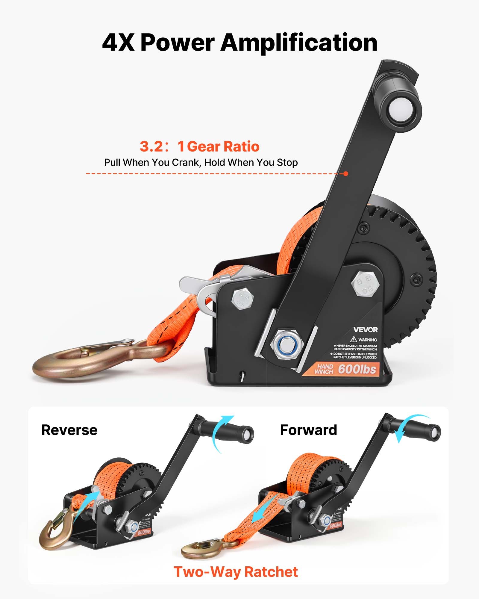 VEVOR Boat Winch, 272 kg Hand Winch, Heavy Duty Manual Rope Crank with 6.1m Orange Polyester Strap, Portable Two-Way Ratchet, Anti-Slip Handle Gear for Boat Trailer ATV Towing