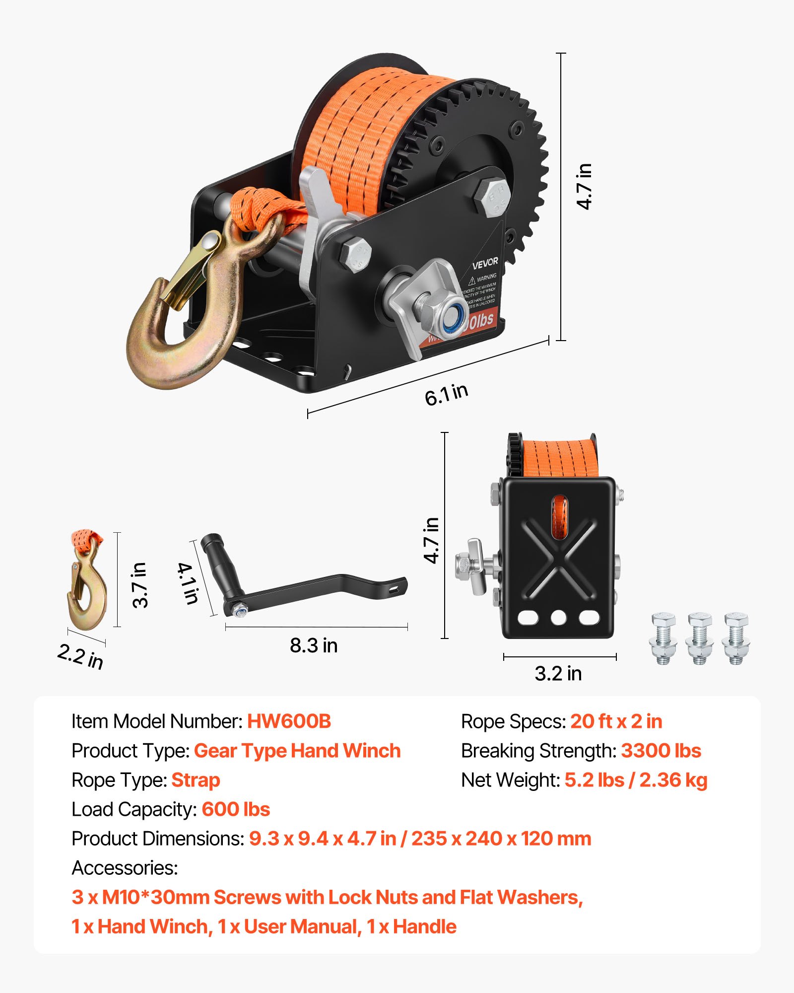 VEVOR Boat Winch, 272 kg Hand Winch, Heavy Duty Manual Rope Crank with 6.1m Orange Polyester Strap, Portable Two-Way Ratchet, Anti-Slip Handle Gear for Boat Trailer ATV Towing