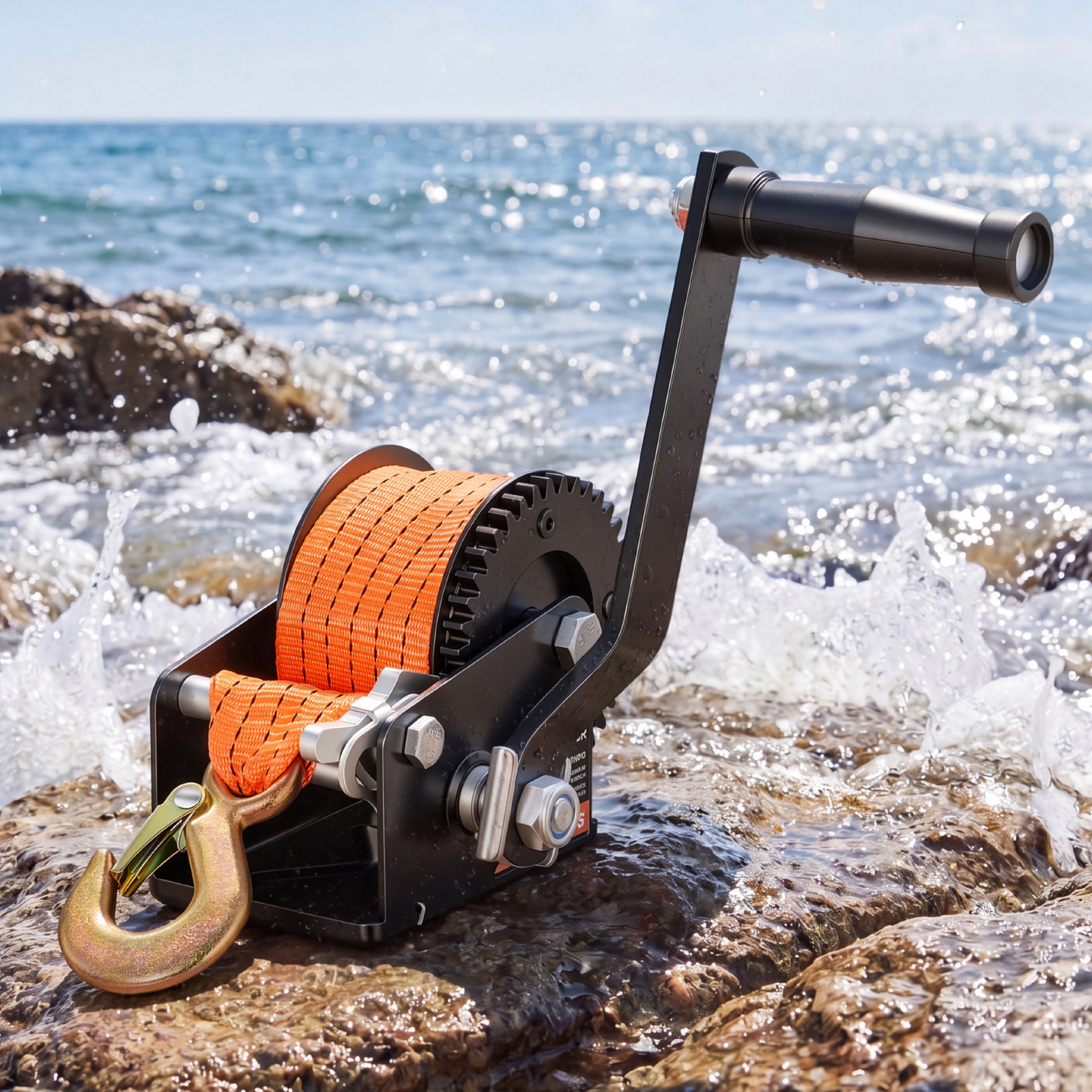 VEVOR Boat Winch, 272 kg Hand Winch, Heavy Duty Manual Rope Crank with 6.1m Orange Polyester Strap, Portable Two-Way Ratchet, Anti-Slip Handle Gear for Boat Trailer ATV Towing
