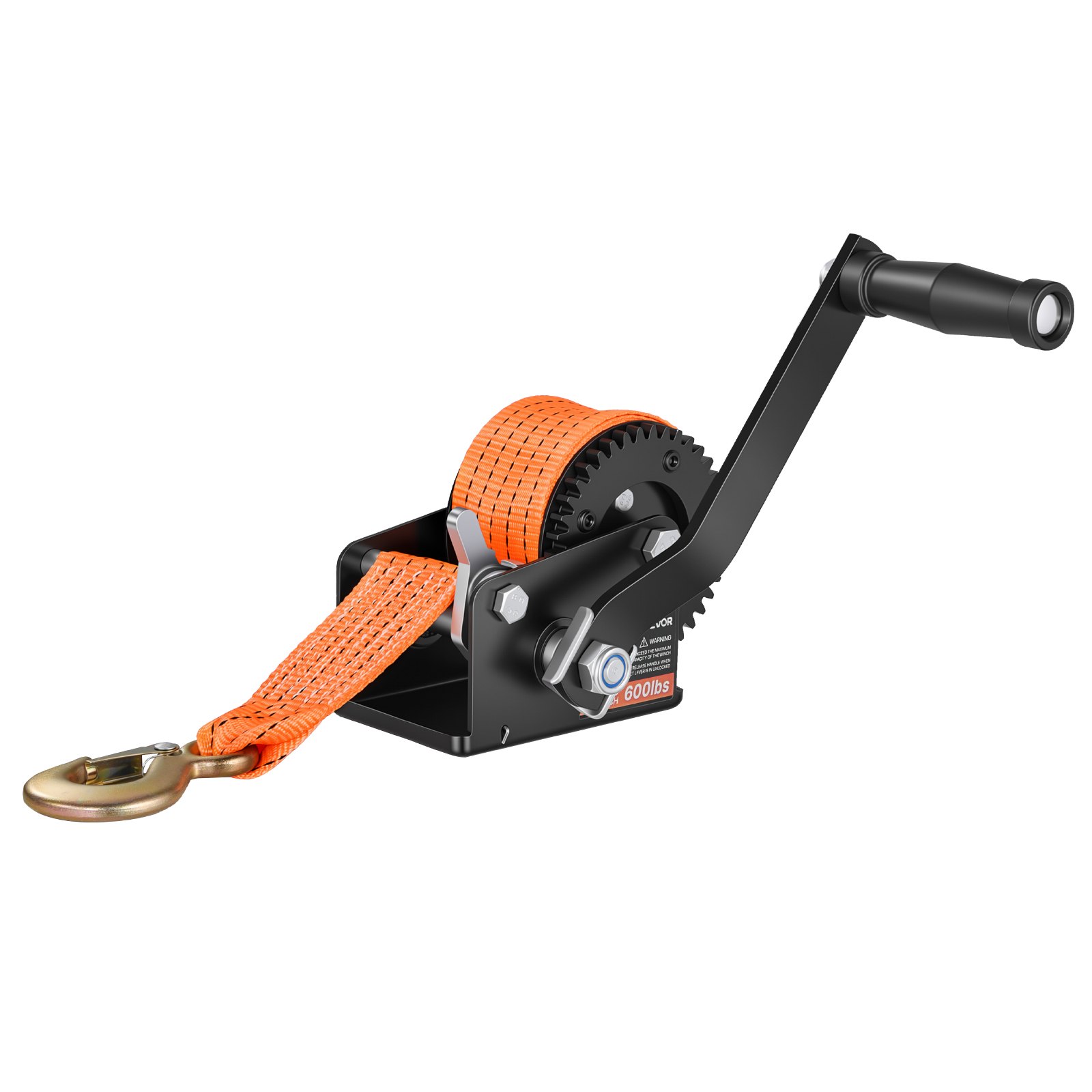 VEVOR Boat Winch, 272 kg Hand Winch, Heavy Duty Manual Rope Crank with 6.1m Orange Polyester Strap, Portable Two-Way Ratchet, Anti-Slip Handle Gear for Boat Trailer ATV Towing