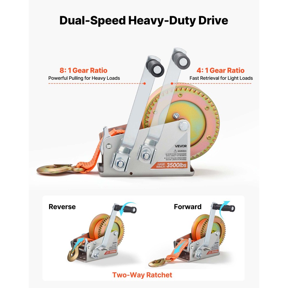 VEVOR Boat Winch, 1588 kg Hand Winch, Heavy Duty Manual Rope Crank with 6.1m Orange Polyester Strap, Portable Two-Way Ratchet, 2 Speed Switchable, Anti-Slip Handle Gear for Boat Trailer ATV Towing