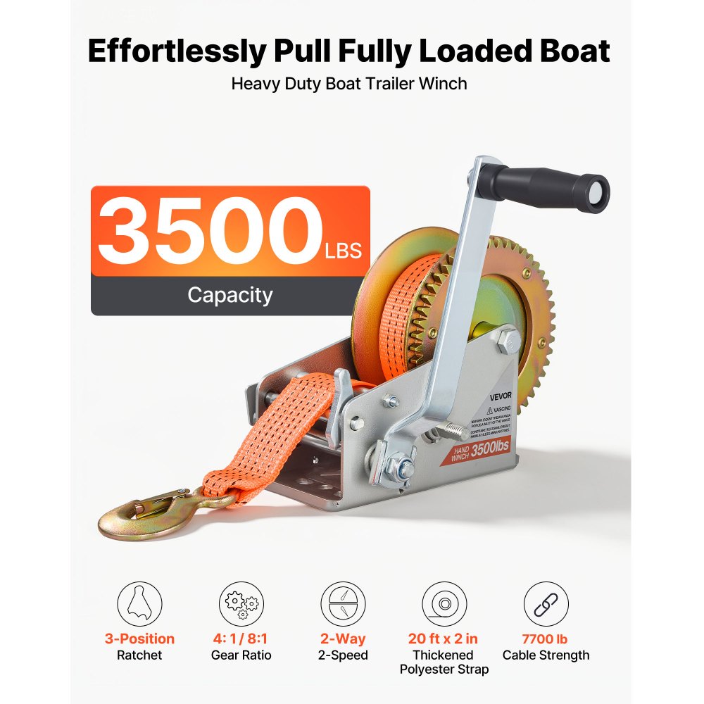 VEVOR Boat Winch, 1588 kg Hand Winch, Heavy Duty Manual Rope Crank with 6.1m Orange Polyester Strap, Portable Two-Way Ratchet, 2 Speed Switchable, Anti-Slip Handle Gear for Boat Trailer ATV Towing