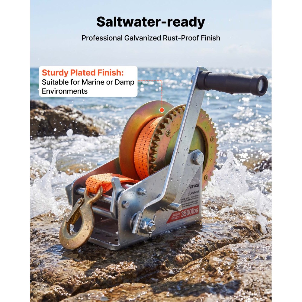 VEVOR Boat Winch, 1588 kg Hand Winch, Heavy Duty Manual Rope Crank with 6.1m Orange Polyester Strap, Portable Two-Way Ratchet, 2 Speed Switchable, Anti-Slip Handle Gear for Boat Trailer ATV Towing
