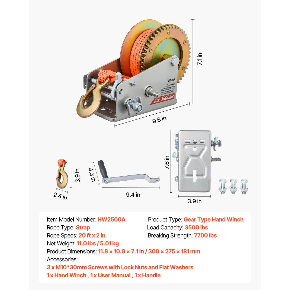 VEVOR Boat Winch, 1588 kg Hand Winch, Heavy Duty Manual Rope Crank with 6.1m Orange Polyester Strap, Portable Two-Way Ratchet, 2 Speed Switchable, Anti-Slip Handle Gear for Boat Trailer ATV Towing