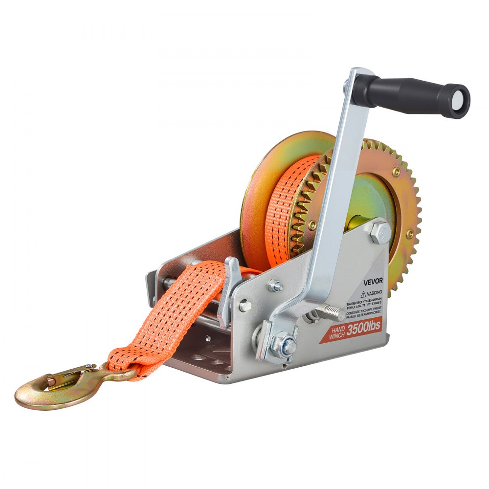 VEVOR Boat Winch, 1588 kg Hand Winch, Heavy Duty Manual Rope Crank with 6.1m Orange Polyester Strap, Portable Two-Way Ratchet, 2 Speed Switchable, Anti-Slip Handle Gear for Boat Trailer ATV Towing