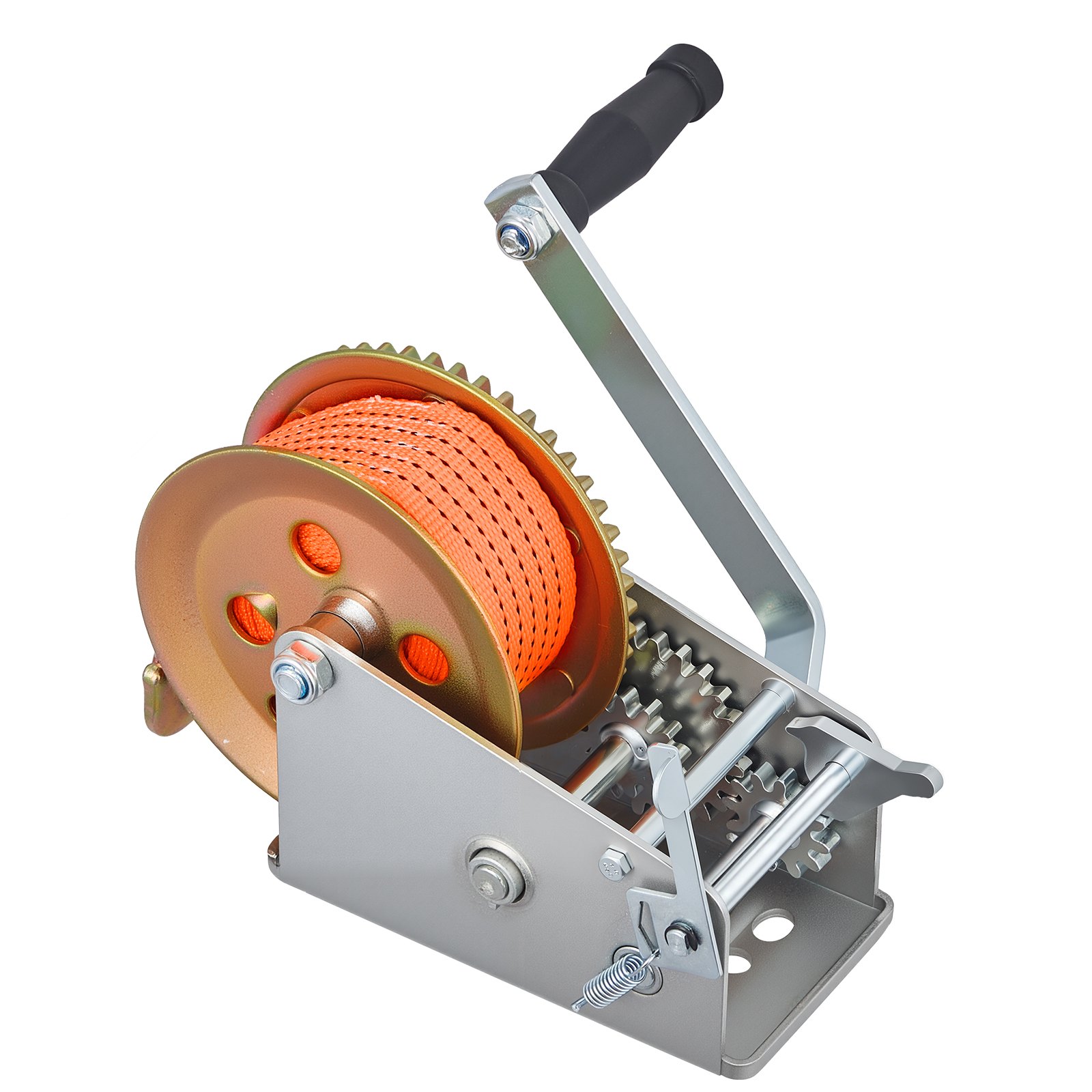 VEVOR Boat Winch, 1588 kg Hand Winch, Heavy Duty Manual Rope Crank with 6.1m Orange Polyester Strap, Portable Two-Way Ratchet, 2 Speed Switchable, Anti-Slip Handle Gear for Boat Trailer ATV Towing