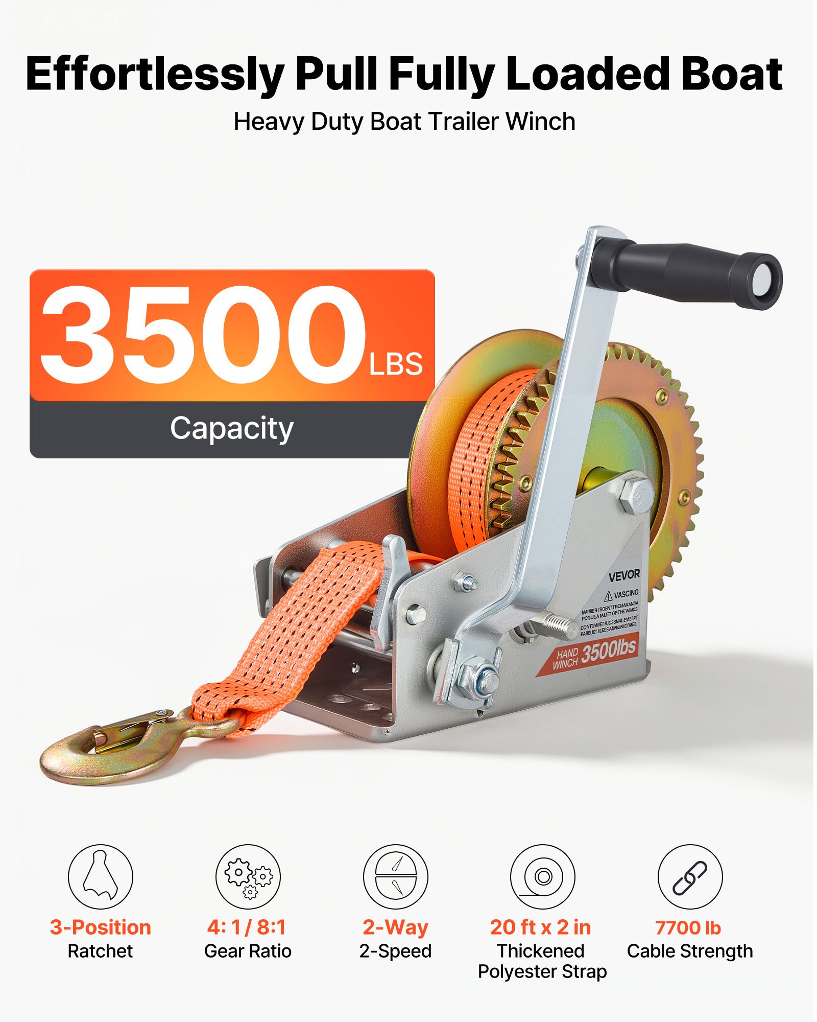 VEVOR Boat Winch, 1588 kg Hand Winch, Heavy Duty Manual Rope Crank with 6.1m Orange Polyester Strap, Portable Two-Way Ratchet, 2 Speed Switchable, Anti-Slip Handle Gear for Boat Trailer ATV Towing
