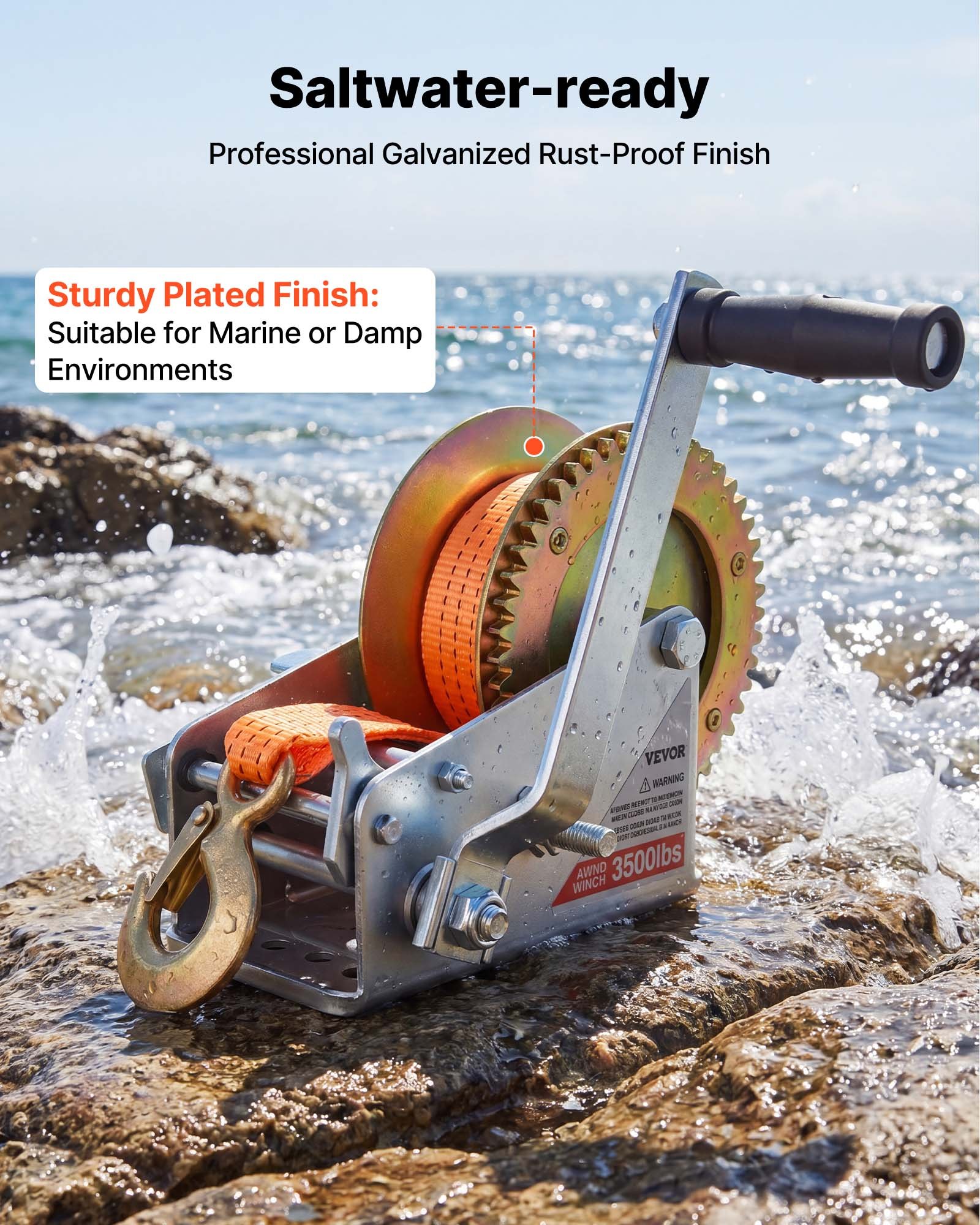 VEVOR Boat Winch, 1588 kg Hand Winch, Heavy Duty Manual Rope Crank with 6.1m Orange Polyester Strap, Portable Two-Way Ratchet, 2 Speed Switchable, Anti-Slip Handle Gear for Boat Trailer ATV Towing
