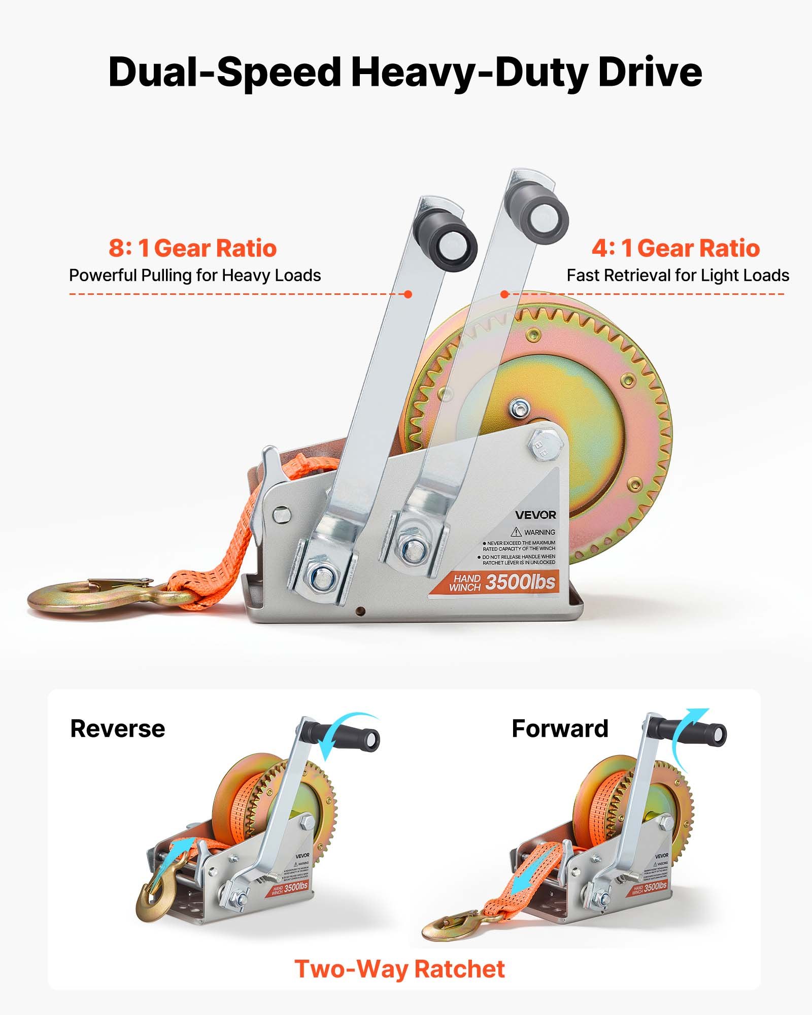 VEVOR Boat Winch, 1588 kg Hand Winch, Heavy Duty Manual Rope Crank with 6.1m Orange Polyester Strap, Portable Two-Way Ratchet, 2 Speed Switchable, Anti-Slip Handle Gear for Boat Trailer ATV Towing