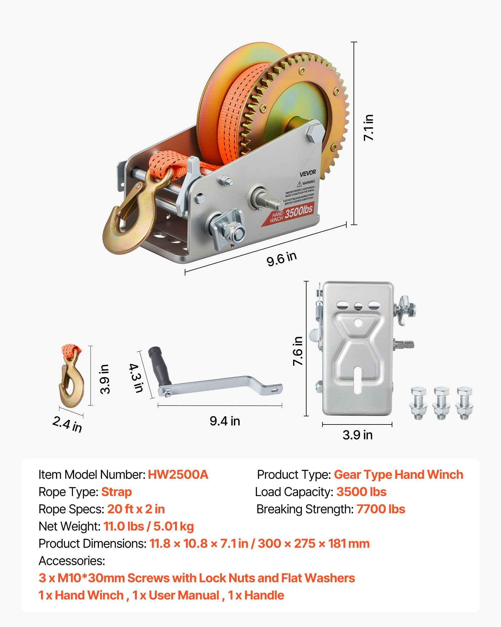 VEVOR Boat Winch, 1588 kg Hand Winch, Heavy Duty Manual Rope Crank with 6.1m Orange Polyester Strap, Portable Two-Way Ratchet, 2 Speed Switchable, Anti-Slip Handle Gear for Boat Trailer ATV Towing