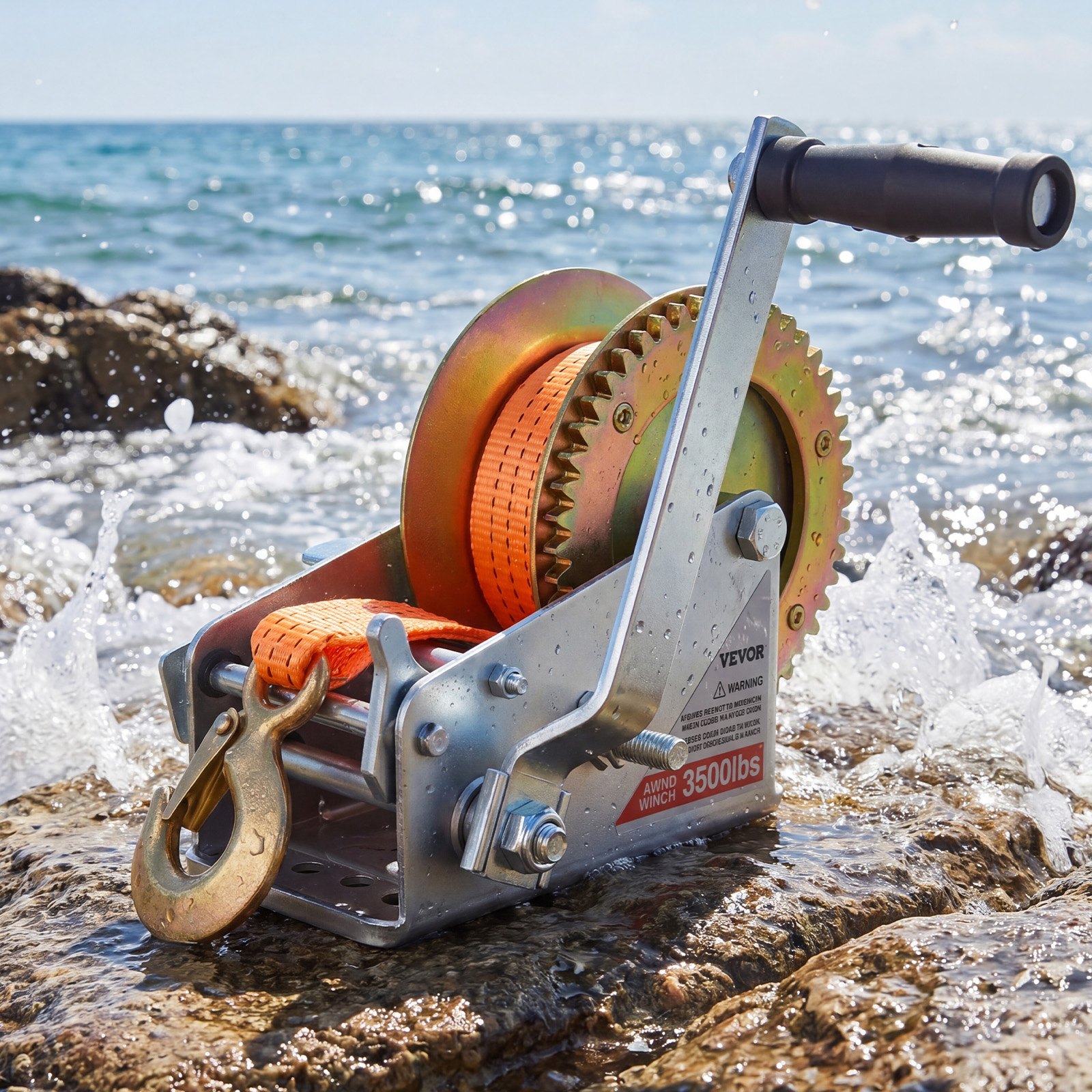VEVOR Boat Winch, 1588 kg Hand Winch, Heavy Duty Manual Rope Crank with 6.1m Orange Polyester Strap, Portable Two-Way Ratchet, 2 Speed Switchable, Anti-Slip Handle Gear for Boat Trailer ATV Towing
