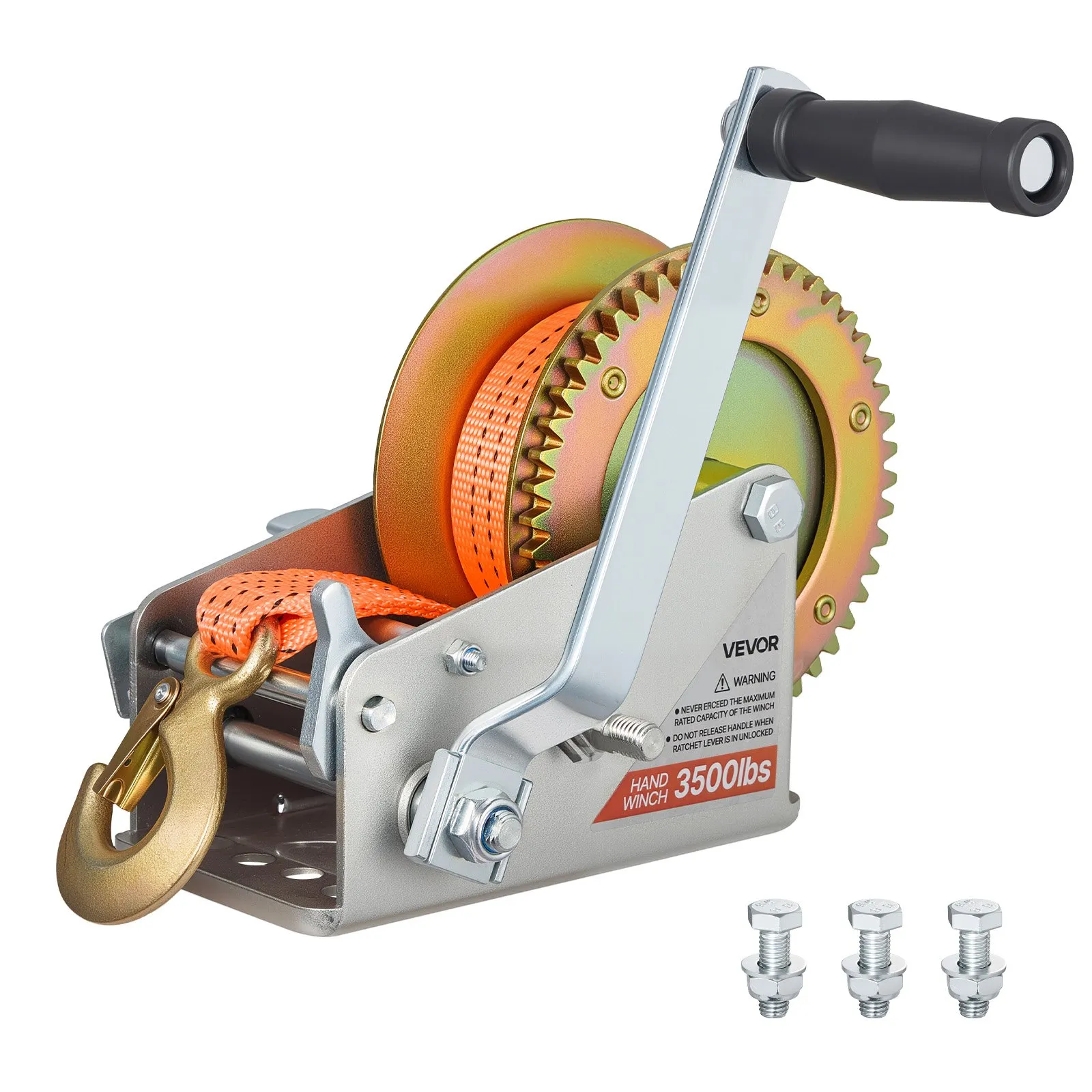 VEVOR Boat Winch, 1588 kg Hand Winch, Heavy Duty Manual Rope Crank with 6.1m Orange Polyester Strap, Portable Two-Way Ratchet, 2 Speed Switchable, Anti-Slip Handle Gear for Boat Trailer ATV Towing