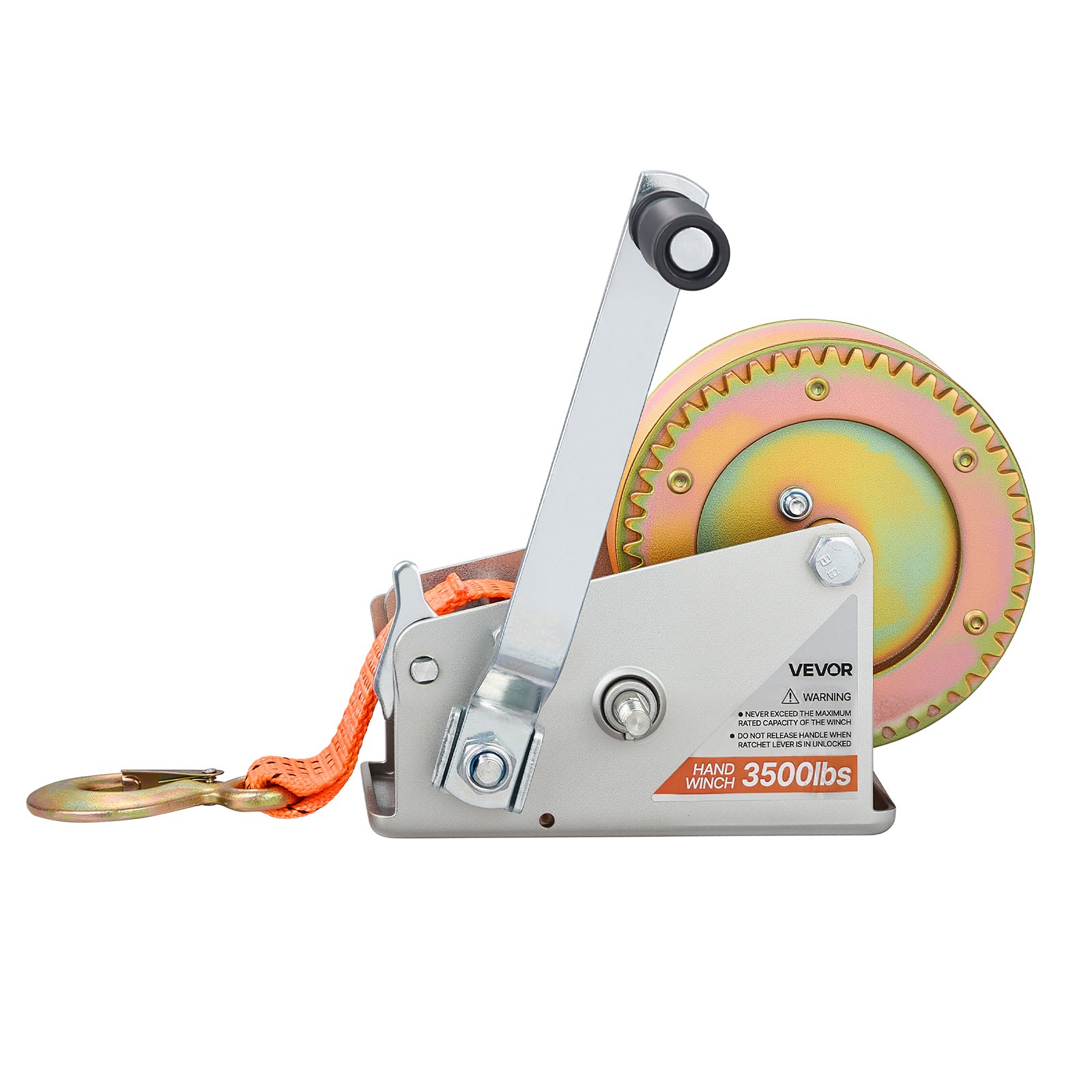 VEVOR Boat Winch, 1588 kg Hand Winch, Heavy Duty Manual Rope Crank with 6.1m Orange Polyester Strap, Portable Two-Way Ratchet, 2 Speed Switchable, Anti-Slip Handle Gear for Boat Trailer ATV Towing