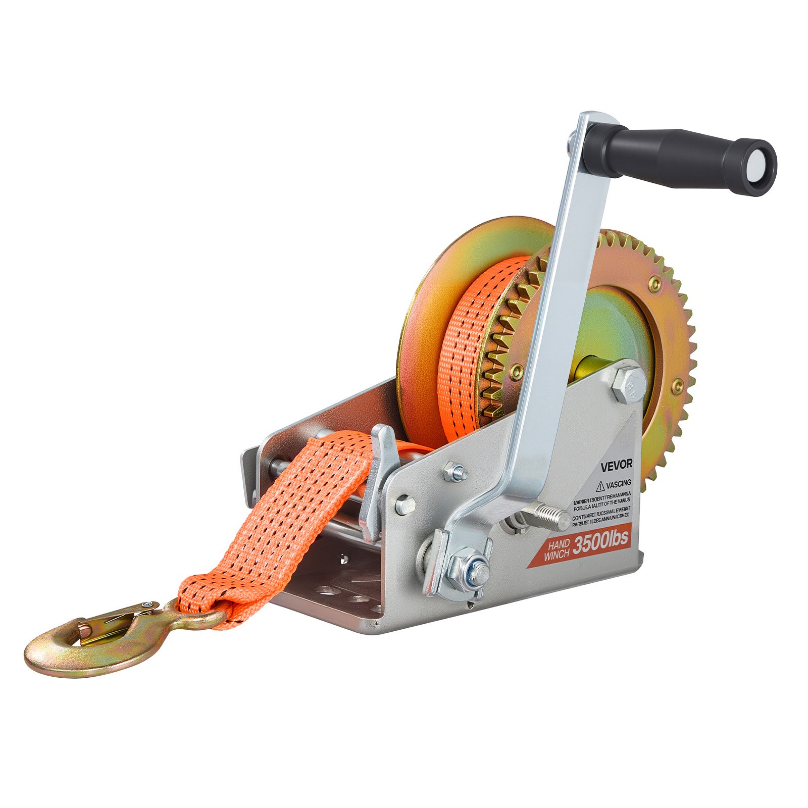 VEVOR Boat Winch, 1588 kg Hand Winch, Heavy Duty Manual Rope Crank with 6.1m Orange Polyester Strap, Portable Two-Way Ratchet, 2 Speed Switchable, Anti-Slip Handle Gear for Boat Trailer ATV Towing
