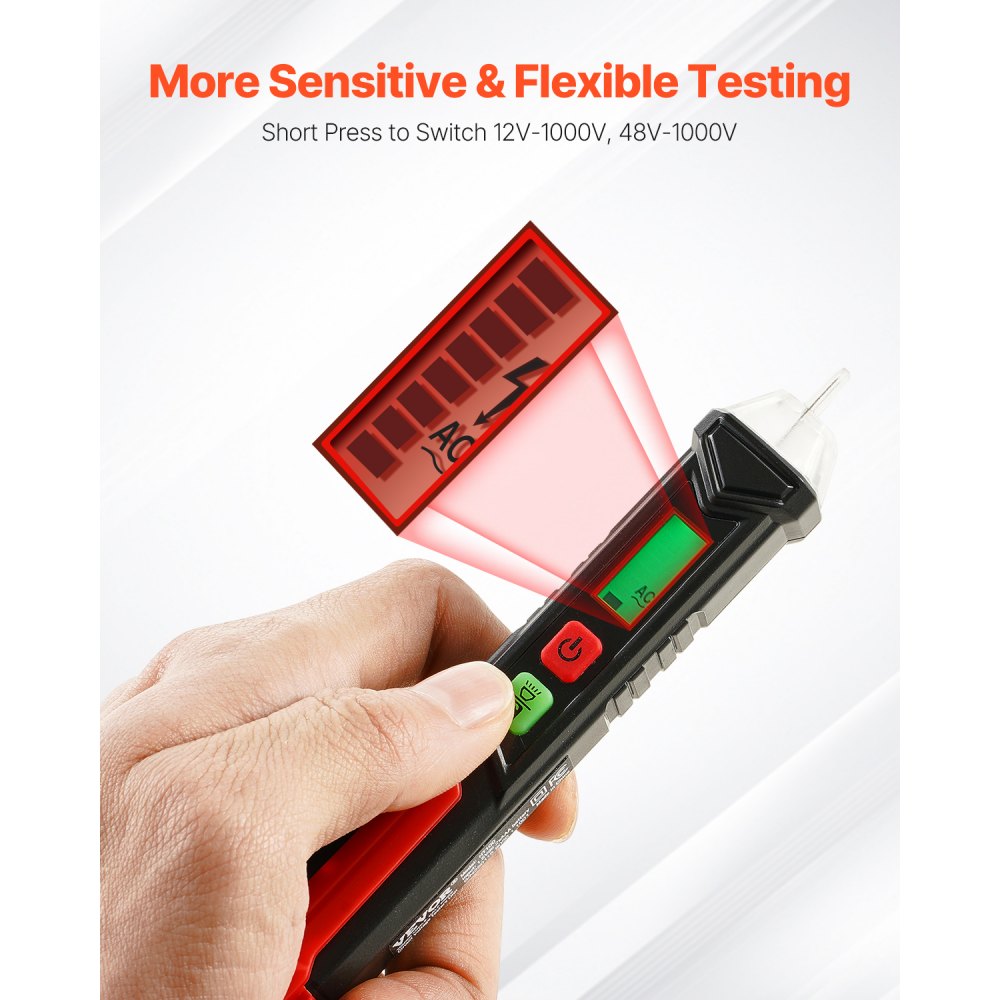 VEVOR Voltage Tester, Non-Contact Voltage Detector with Adjustable Sensitivity, Dual Range AC 12V-1000V/48V-1000V Live & Null Wire Tester Pen with Visual and Audible Alarms, CAT III 1000V Rating