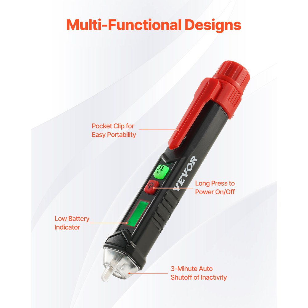 VEVOR Voltage Tester, Non-Contact Voltage Detector with Adjustable Sensitivity, Dual Range AC 12V-1000V/48V-1000V Live & Null Wire Tester Pen with Visual and Audible Alarms, CAT III 1000V Rating