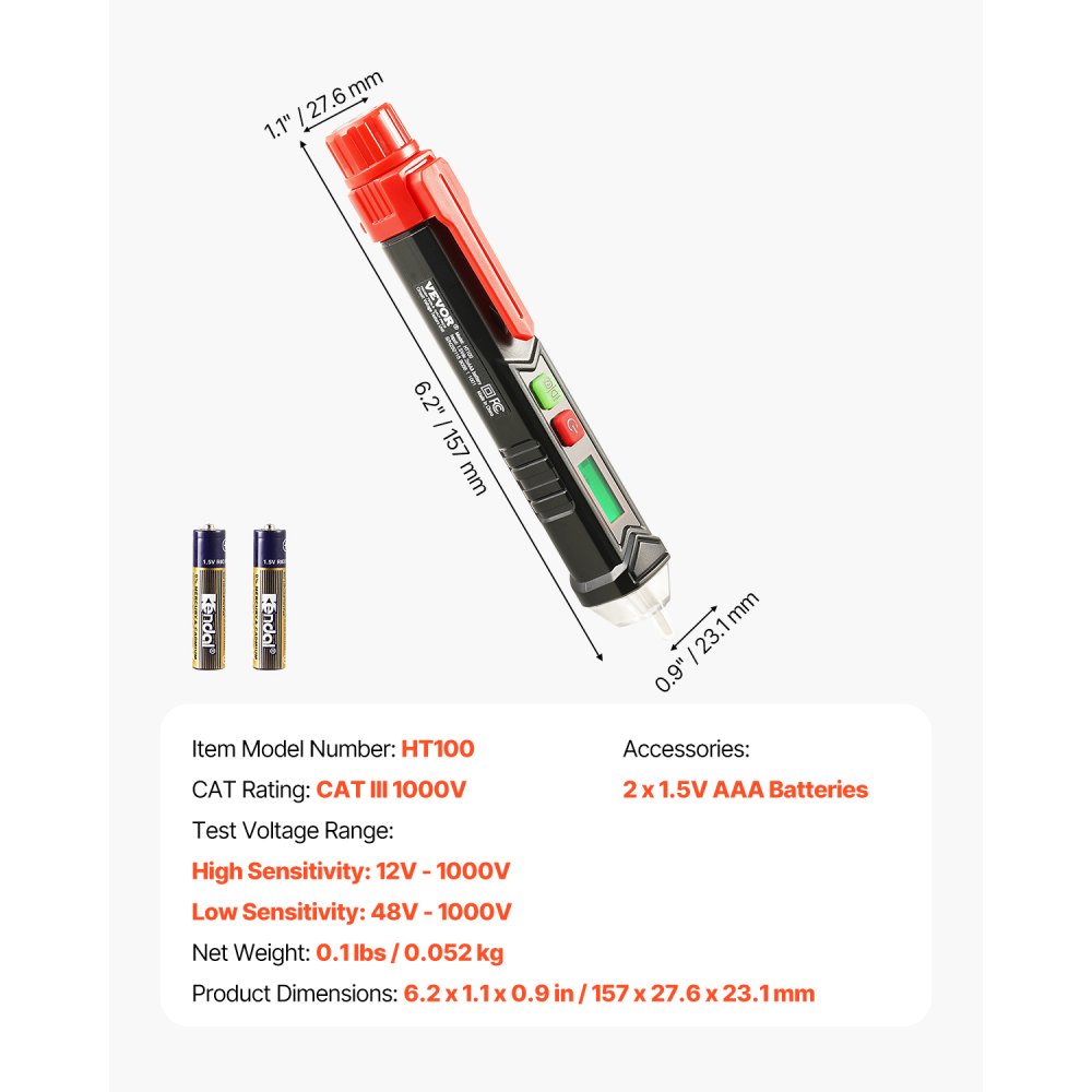 VEVOR Voltage Tester, Non-Contact Voltage Detector with Adjustable Sensitivity, Dual Range AC 12V-1000V/48V-1000V Live & Null Wire Tester Pen with Visual and Audible Alarms, CAT III 1000V Rating