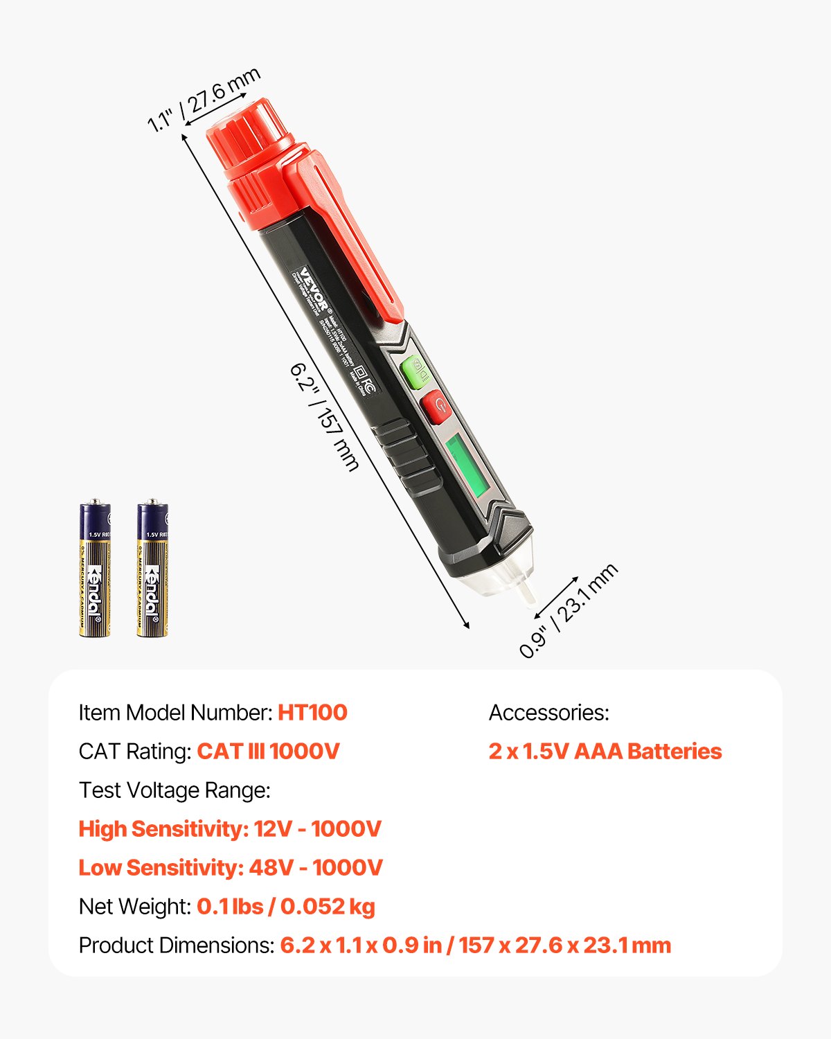 VEVOR Voltage Tester, Non-Contact Voltage Detector with Adjustable Sensitivity, Dual Range AC 12V-1000V/48V-1000V Live & Null Wire Tester Pen with Visual and Audible Alarms, CAT III 1000V Rating