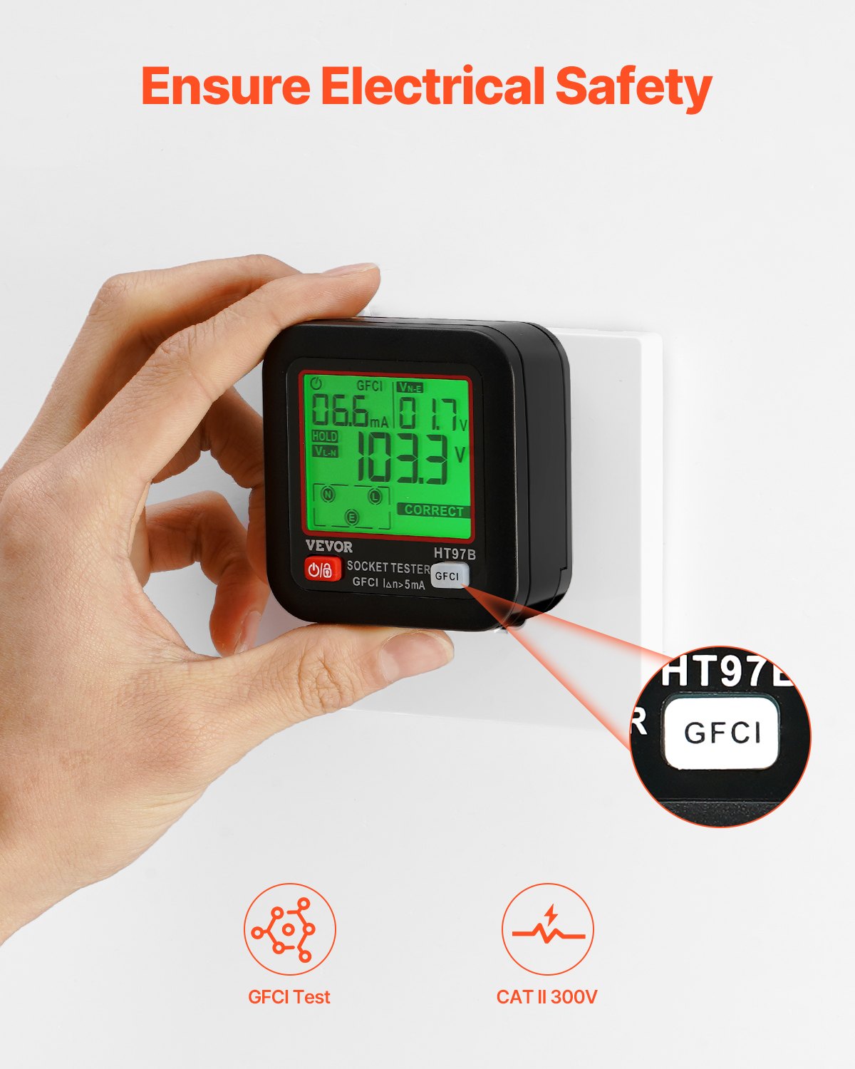 VEVOR Outlet Tester, Electrical GFCI Trip Tester, LCD Display Receptacle Detector for 7 Common Wiring Faults, 3 Prong Socket Detector with Auto Shutoff & Low Battery Indicator, CAT II 300V Rating