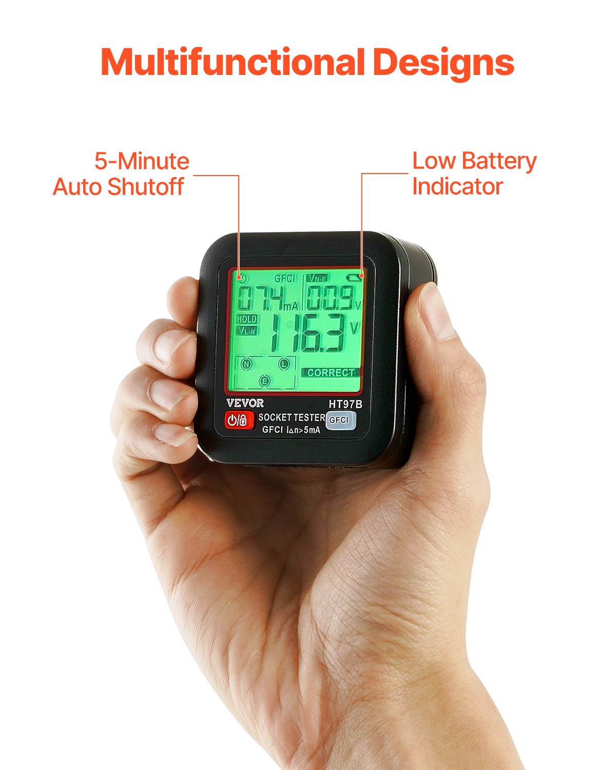 VEVOR Outlet Tester, Electrical GFCI Trip Tester, LCD Display Receptacle Detector for 7 Common Wiring Faults, 3 Prong Socket Detector with Auto Shutoff & Low Battery Indicator, CAT II 300V Rating