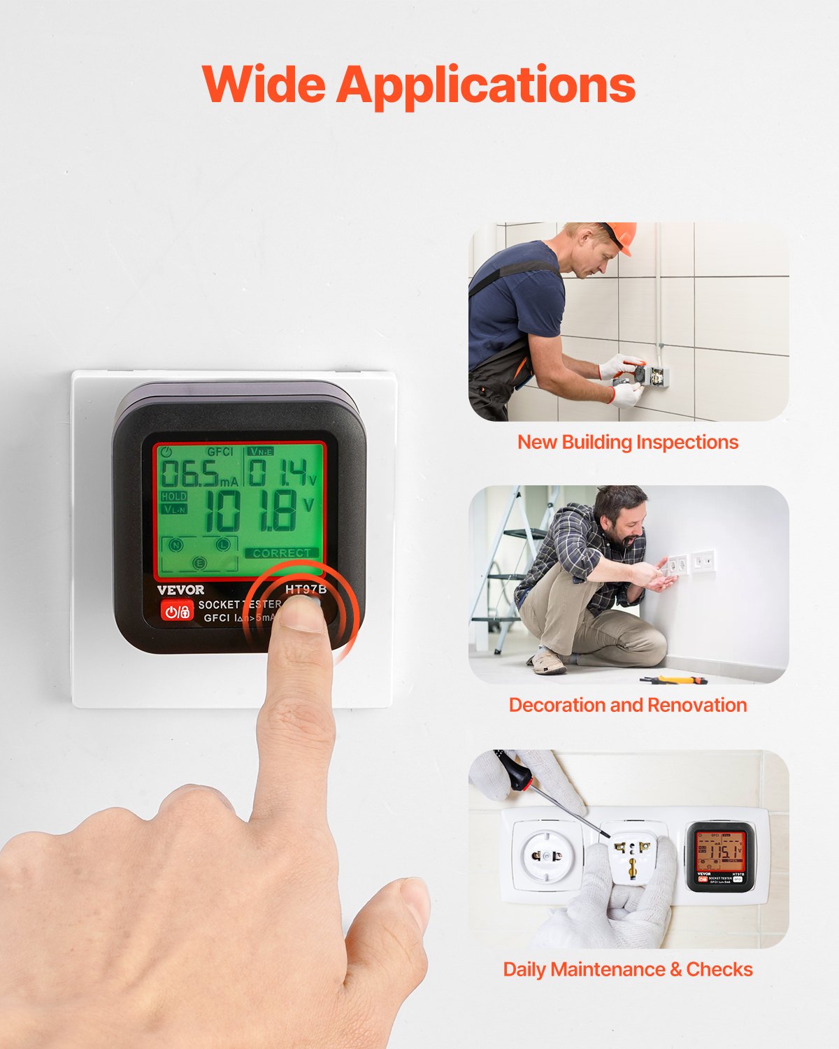 VEVOR Outlet Tester, Electrical GFCI Trip Tester, LCD Display Receptacle Detector for 7 Common Wiring Faults, 3 Prong Socket Detector with Auto Shutoff & Low Battery Indicator, CAT II 300V Rating