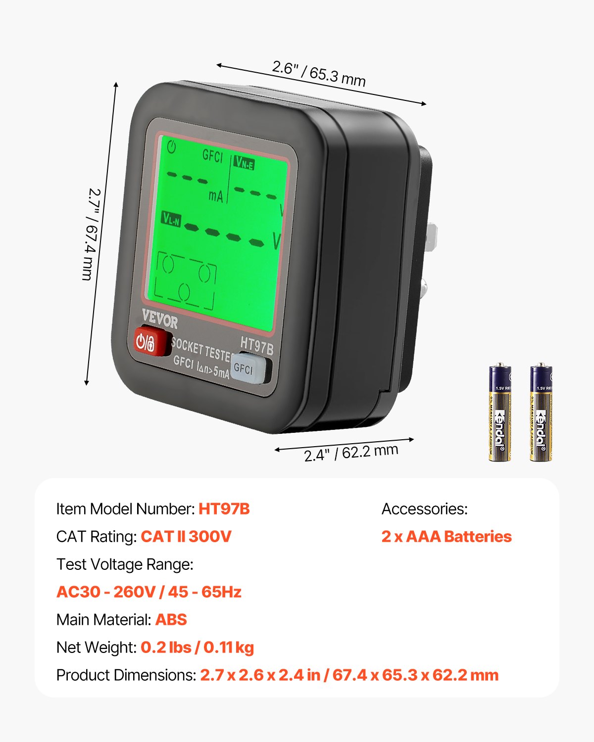 VEVOR Outlet Tester, Electrical GFCI Trip Tester, LCD Display Receptacle Detector for 7 Common Wiring Faults, 3 Prong Socket Detector with Auto Shutoff & Low Battery Indicator, CAT II 300V Rating
