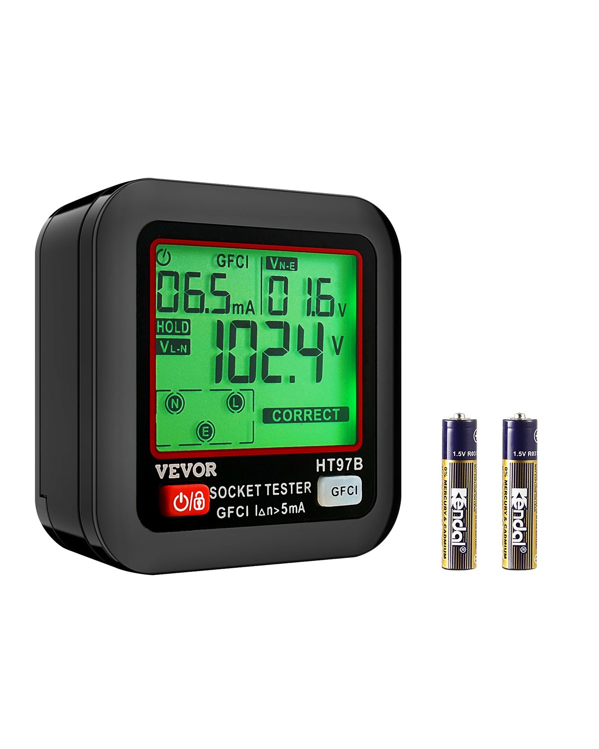 VEVOR Outlet Tester, Electrical GFCI Trip Tester, LCD Display Receptacle Detector for 7 Common Wiring Faults, 3 Prong Socket Detector with Auto Shutoff & Low Battery Indicator, CAT II 300V Rating
