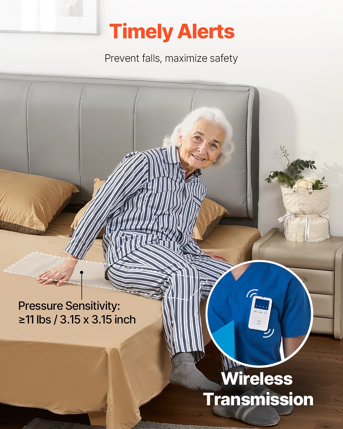 Sistema de alarma de cama VEVOR Early Alert, sensor inalámbrico con botón de llamada y buscapersonas, alarmas de seguridad y prevención de caídas para personas mayores, pacientes con demencia y adultos (25,4 x 89,4 cm)