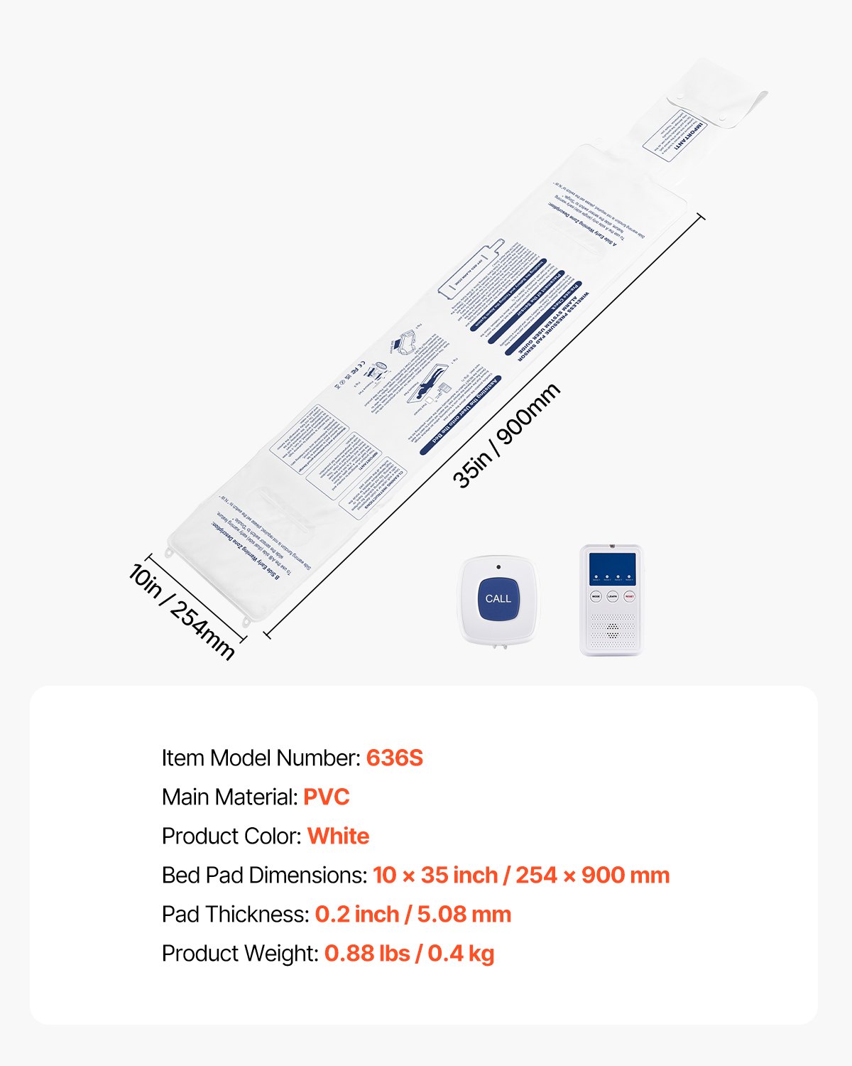Sistema de alarma de cama VEVOR Early Alert, sensor inalámbrico con botón de llamada y buscapersonas, alarmas de seguridad y prevención de caídas para personas mayores, pacientes con demencia y adultos (25,4 x 89,4 cm)