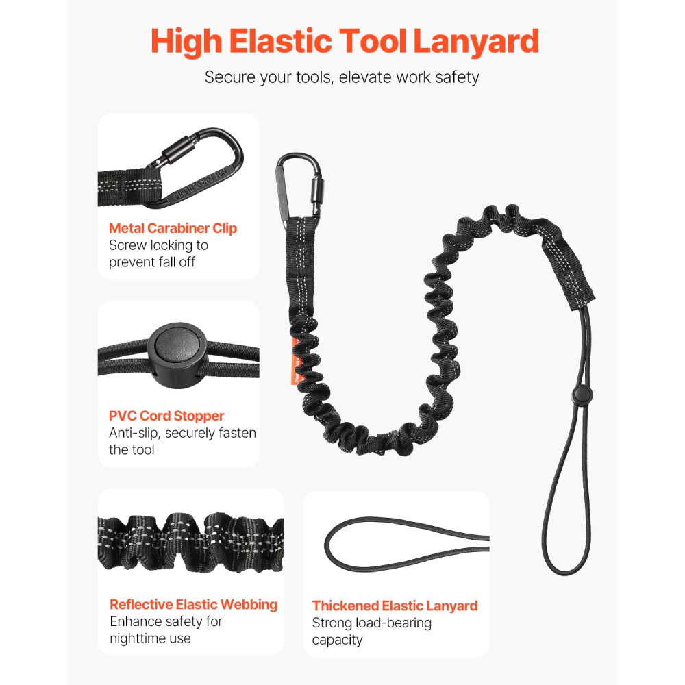 VEVOR 5 Pack Tool Lanyard, Safety Fall Protection Tools Leash with Aluminum Screw Lock Carabiner, 36.61" to 70.87" Retractable Tool Tether for Construction Roofing, Maximum Weight Limit 19.8LBS / 9KG