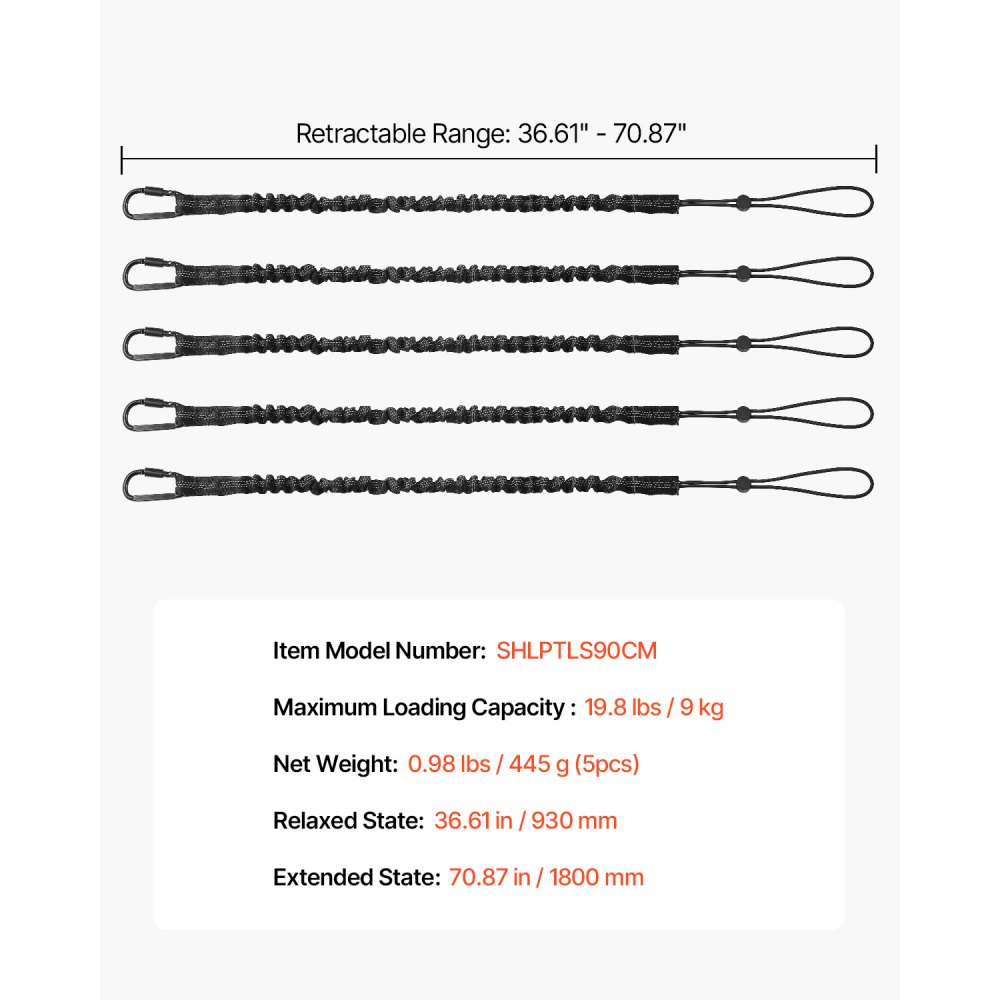 VEVOR 5 Pack Tool Lanyard, Safety Fall Protection Tools Leash with Aluminum Screw Lock Carabiner, 36.61" to 70.87" Retractable Tool Tether for Construction Roofing, Maximum Weight Limit 19.8LBS / 9KG