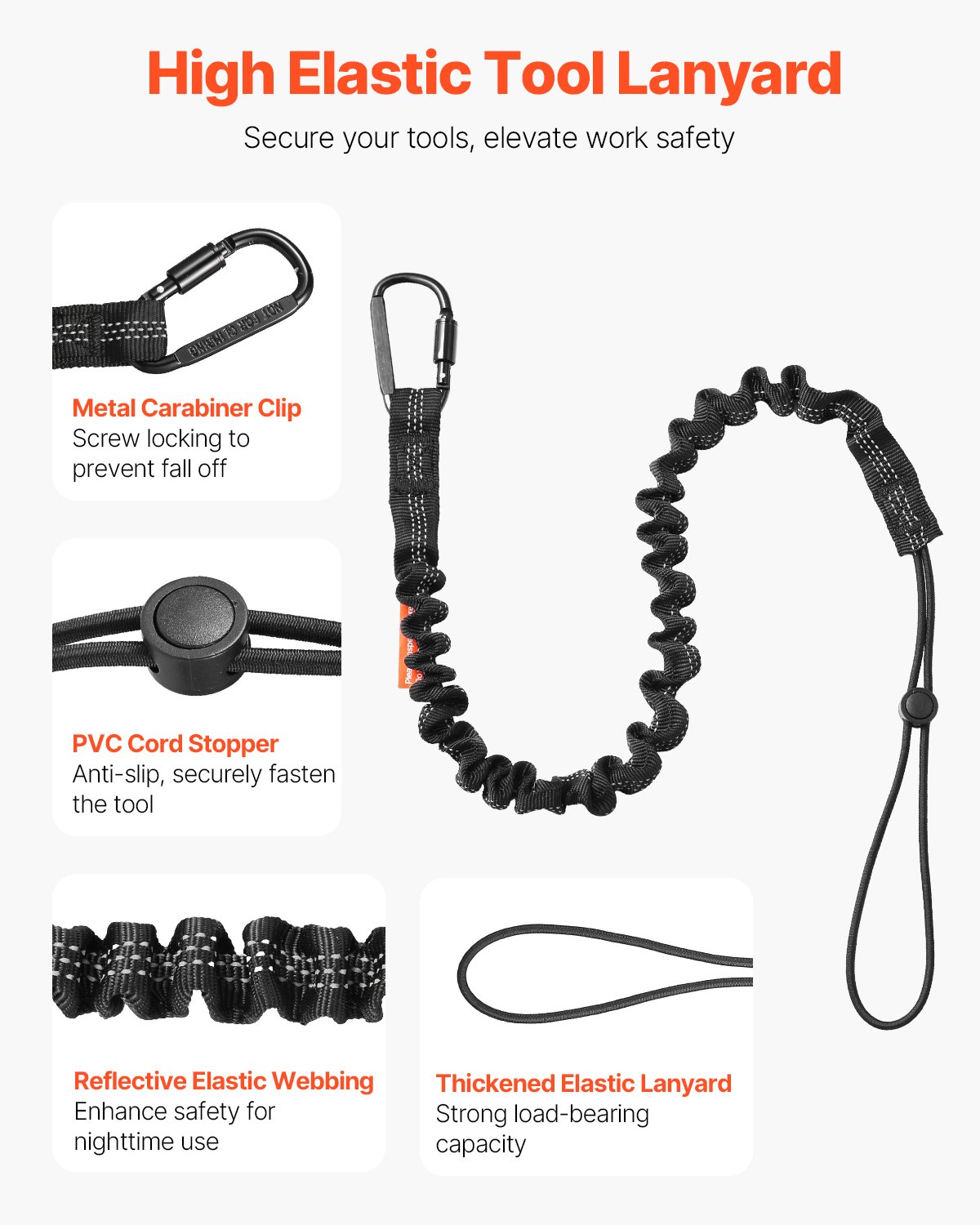 VEVOR 5 Pack Tool Lanyard, Safety Fall Protection Tools Leash with Aluminum Screw Lock Carabiner, 36.61" to 70.87" Retractable Tool Tether for Construction Roofing, Maximum Weight Limit 19.8LBS / 9KG