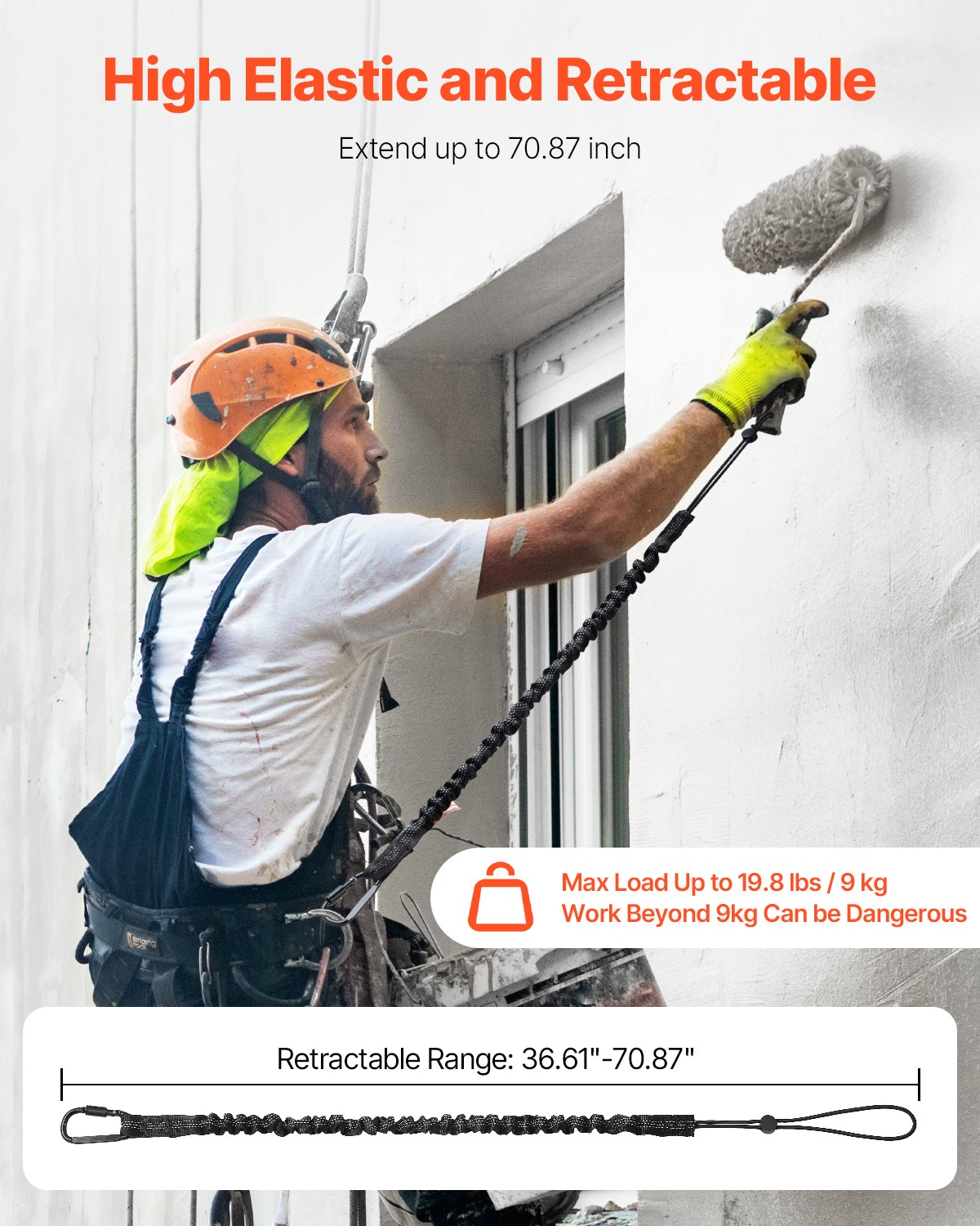 VEVOR 5 Pack Tool Lanyard, Safety Fall Protection Tools Leash with Aluminum Screw Lock Carabiner, 36.61" to 70.87" Retractable Tool Tether for Construction Roofing, Maximum Weight Limit 19.8LBS / 9KG