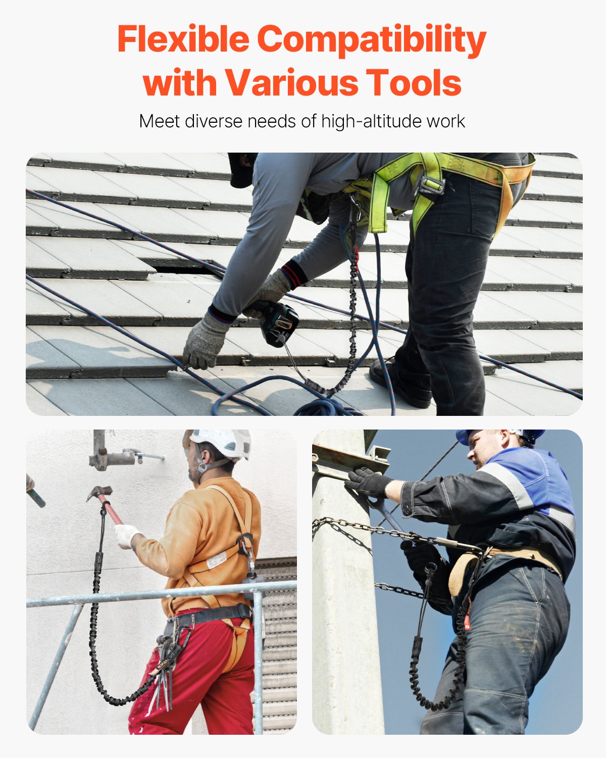 VEVOR 5 Pack Tool Lanyard, Safety Fall Protection Tools Leash with Aluminum Screw Lock Carabiner, 36.61" to 70.87" Retractable Tool Tether for Construction Roofing, Maximum Weight Limit 19.8LBS / 9KG