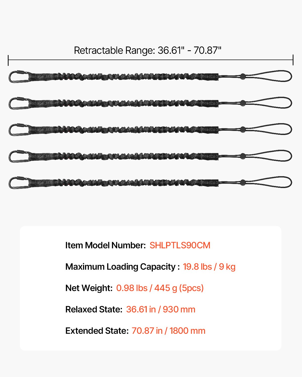 VEVOR 5 Pack Tool Lanyard, Safety Fall Protection Tools Leash with Aluminum Screw Lock Carabiner, 36.61" to 70.87" Retractable Tool Tether for Construction Roofing, Maximum Weight Limit 19.8LBS / 9KG