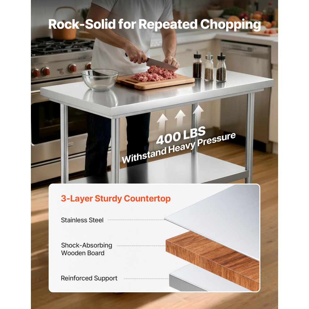 Mesa VEVOR em aço inoxidável, 60 x 90 cm, com rodas, para preparação de alimentos. Possui bancadas ajustáveis na parte inferior, ideal para cozinhas comerciais, restaurantes, hotéis, garagens e áreas externas.