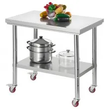VEVOR Stainless Steel Table, 60 x 90 cm Food Prep Worktable with Wheels, Kitchen Prep Table with Adjustable Undershelf Workstations for Commercial Kitchen, Restaurant, Hotel and Garage, Outdoor